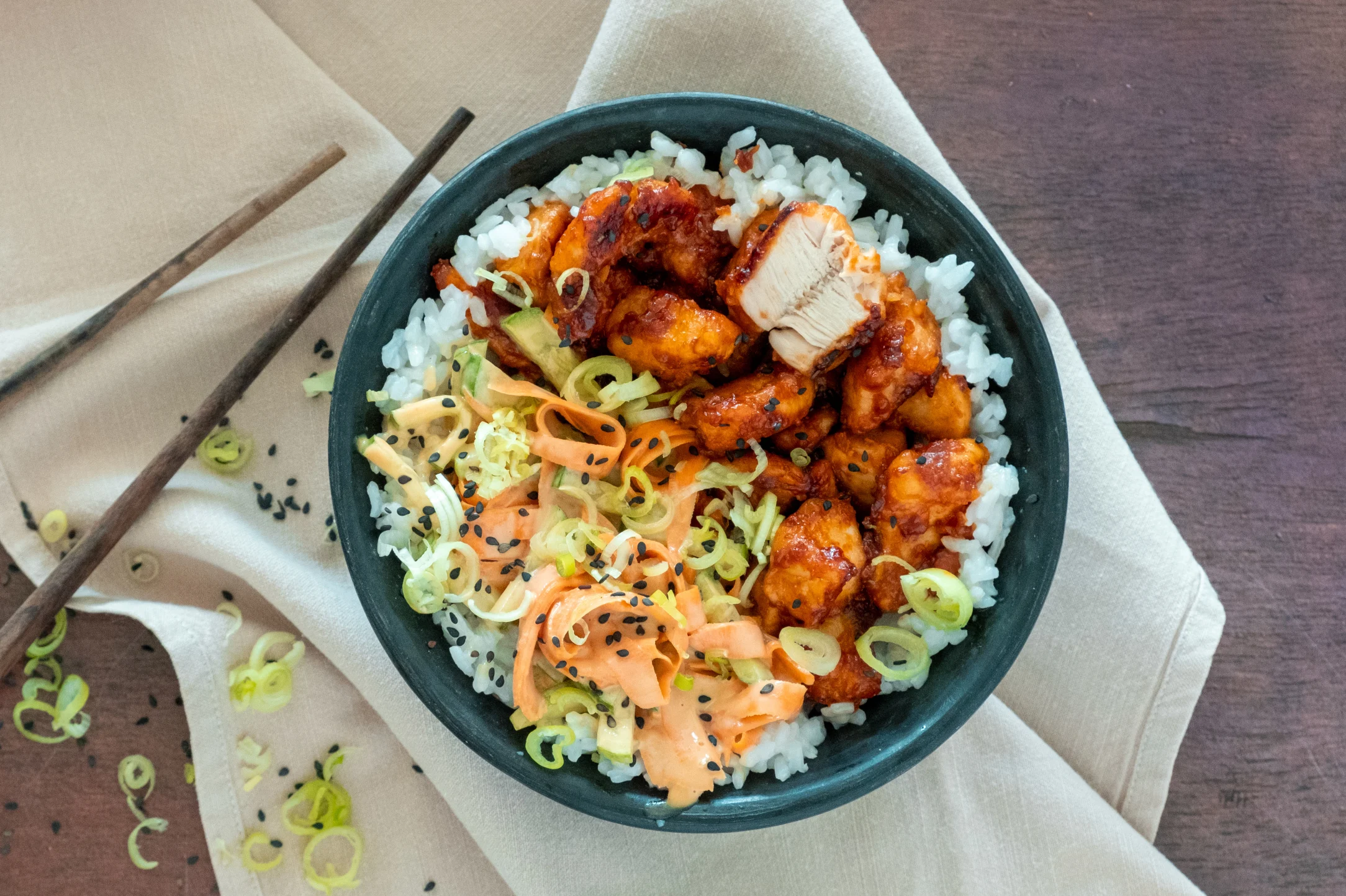Korean-style Chicken Bites with Sesame Slaw and Sushi Rice