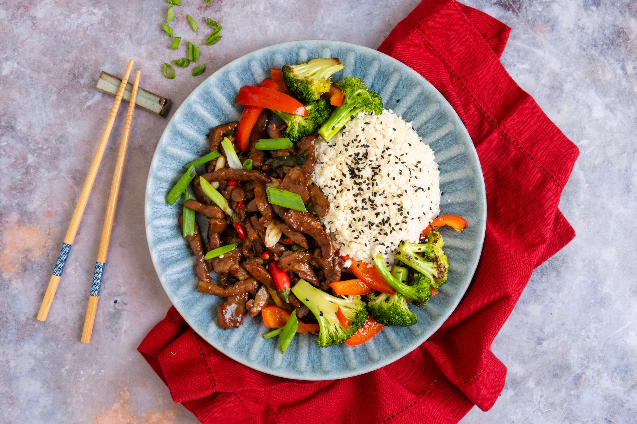 Mongolian Beef with Stir-Fried Vegetables and Garlic Cauliflower Rice