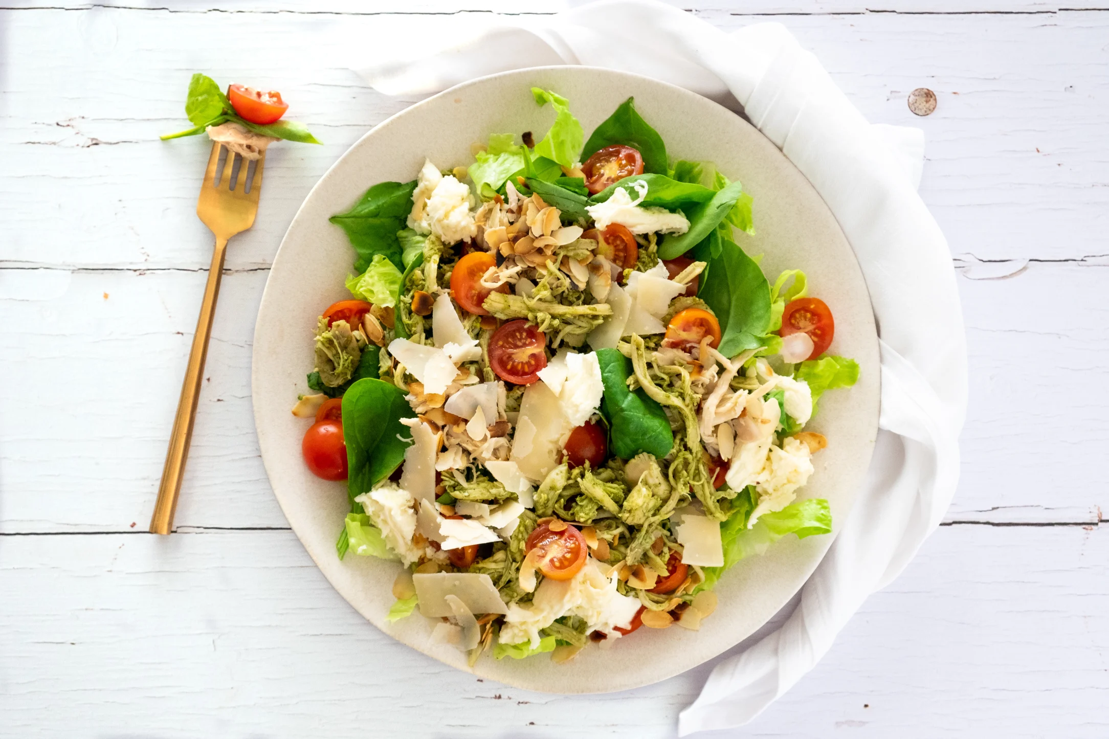 Speedy Pesto Pulled Chicken Salad with Fresh Mozzarella