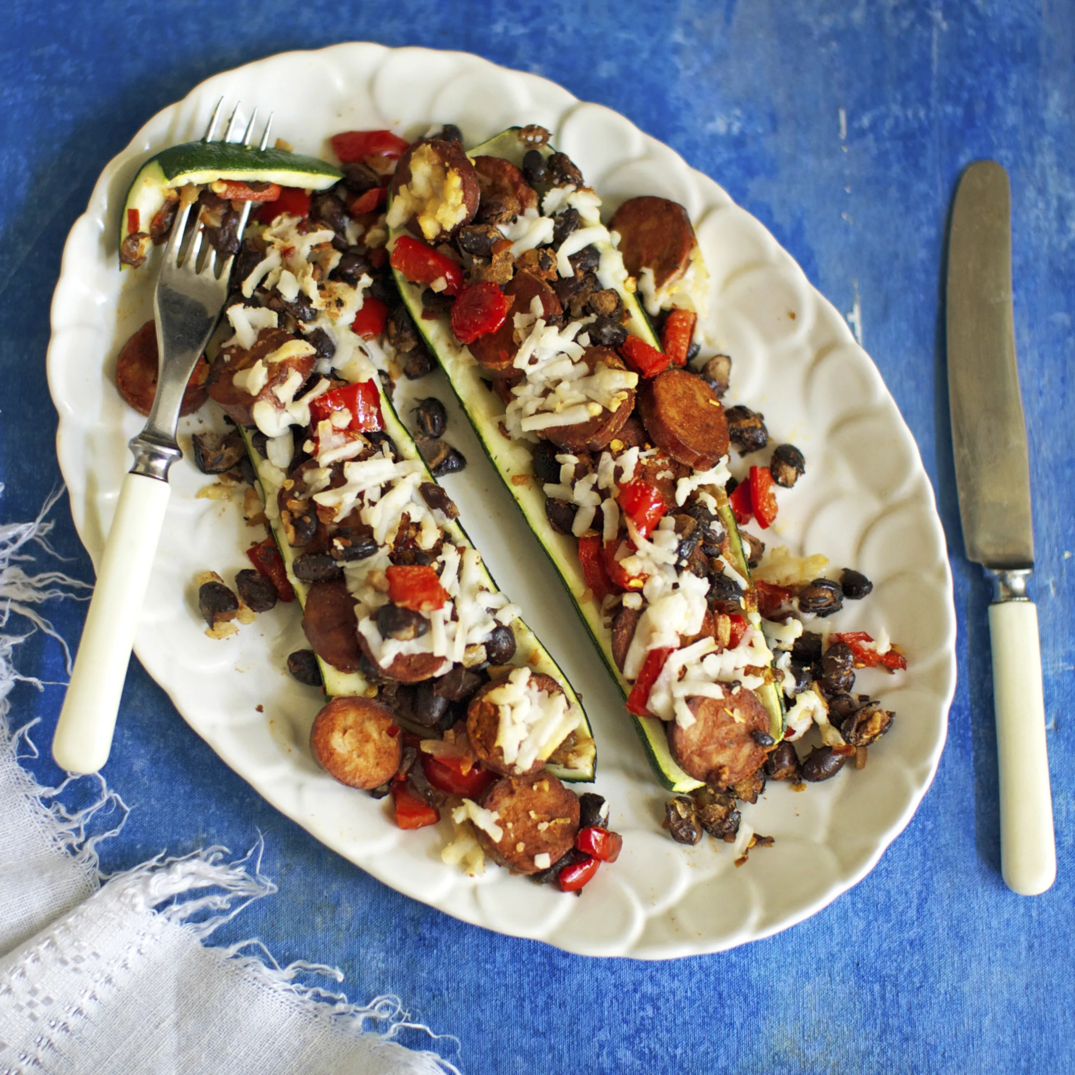 Chorizo and Black Bean Stuffed Zucchinis