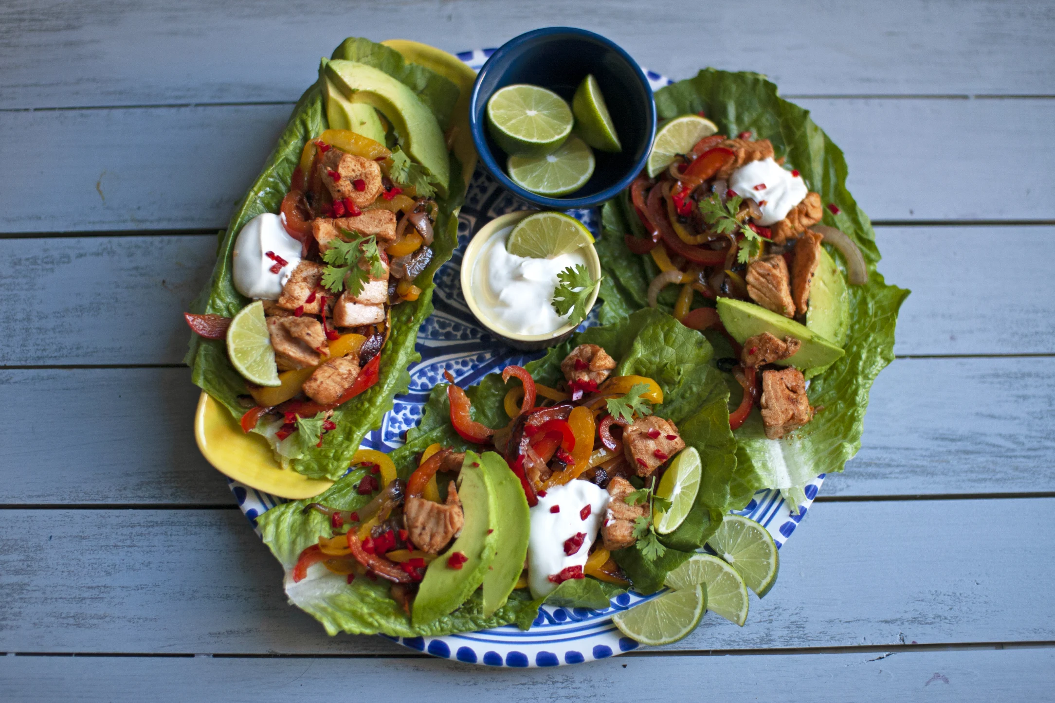 Salmon Fajitas in Lettuce Cups with Avocado and Sour Cream