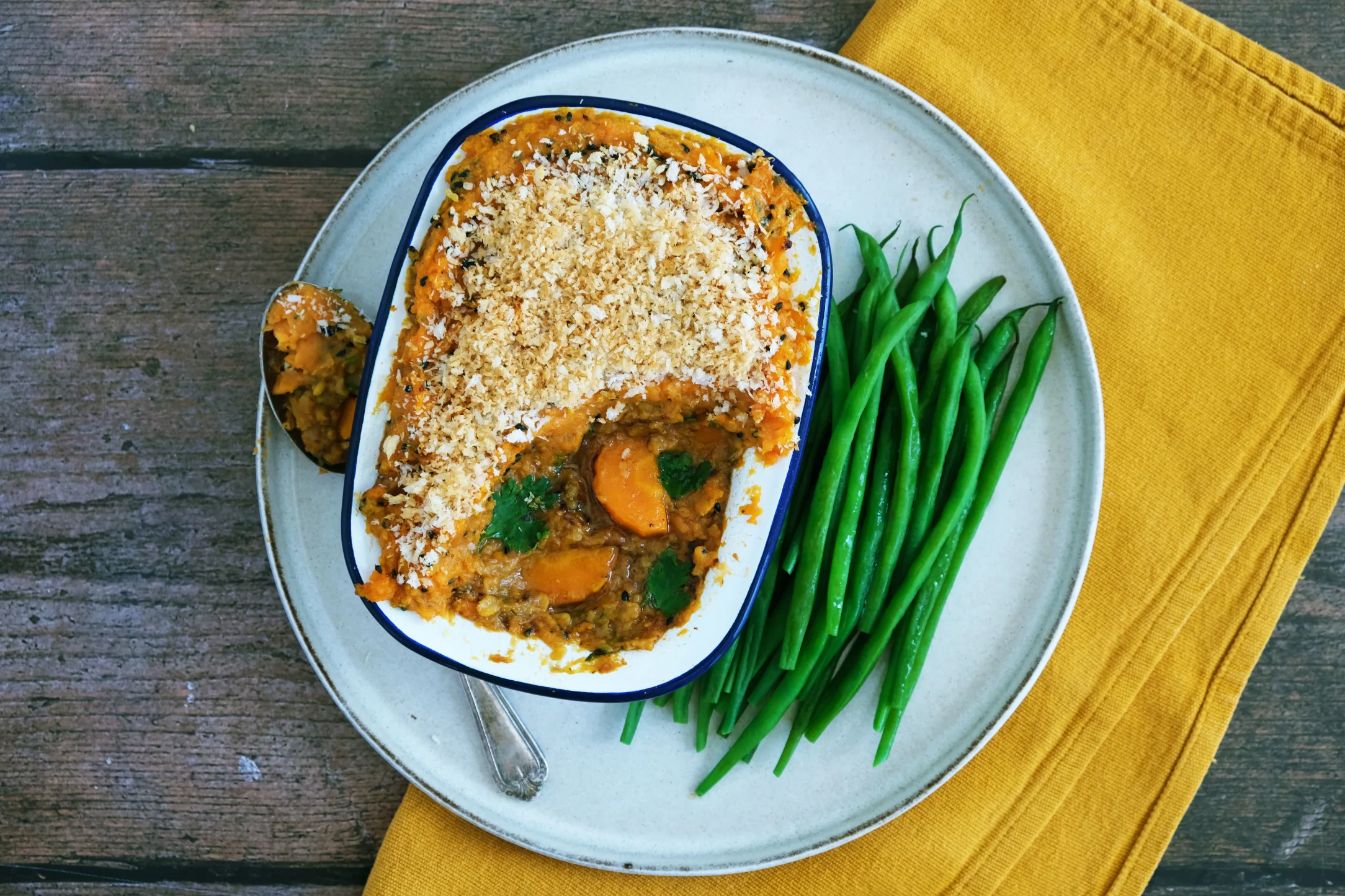 Indian Spiced Sweet Potato and Lentil Pie with Green Beans