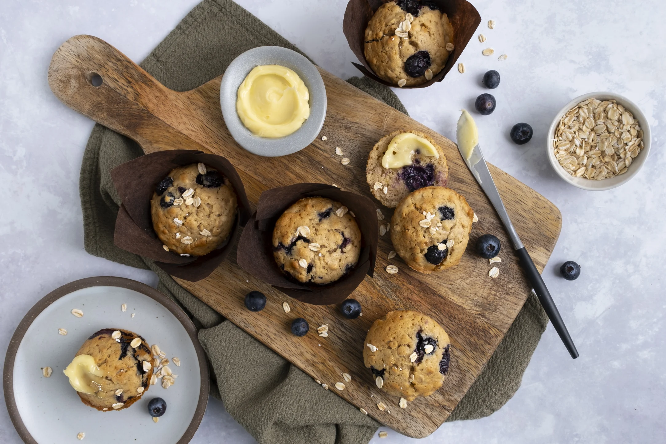 Blueberry Oat Muffins with Whipped Honey Butter