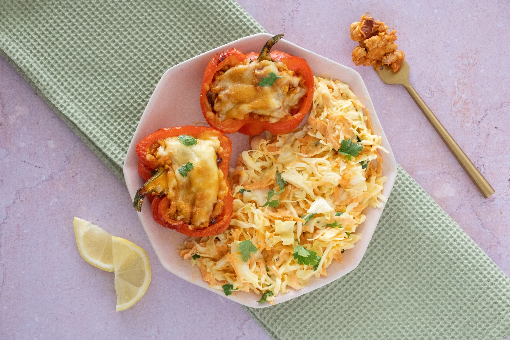 Cheesy Chicken and Chorizo Stuffed Peppers with Fresh Slaw