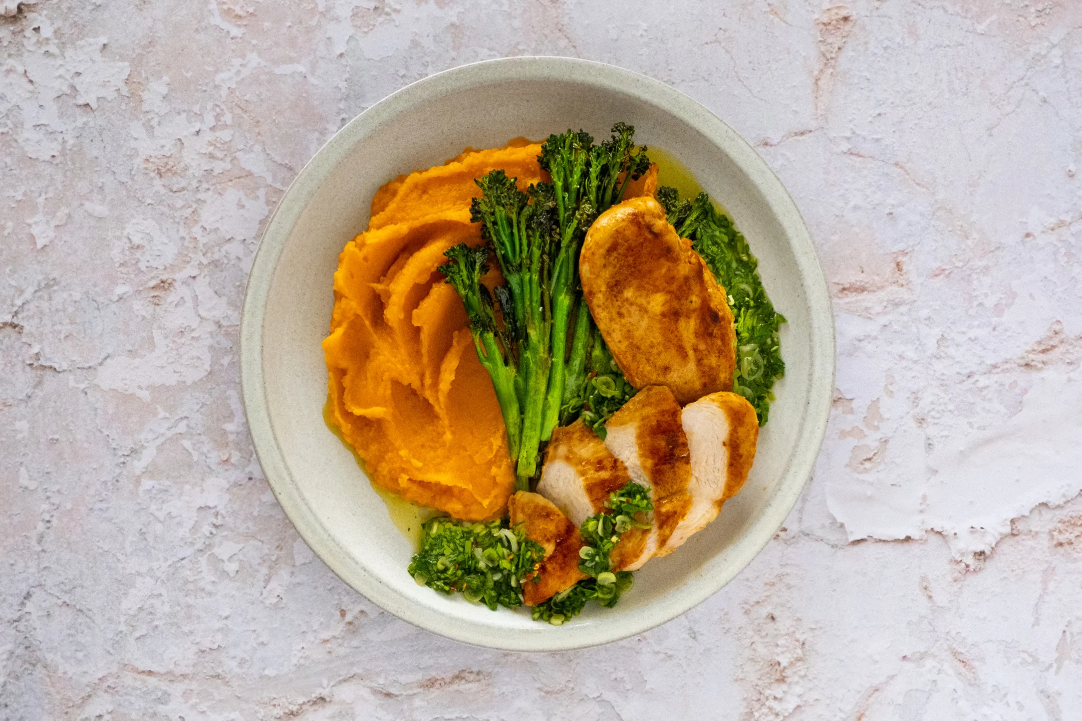 Smoky Chicken with Sweet Potato Mash, Tenderstem Broccoli and Chimichurri