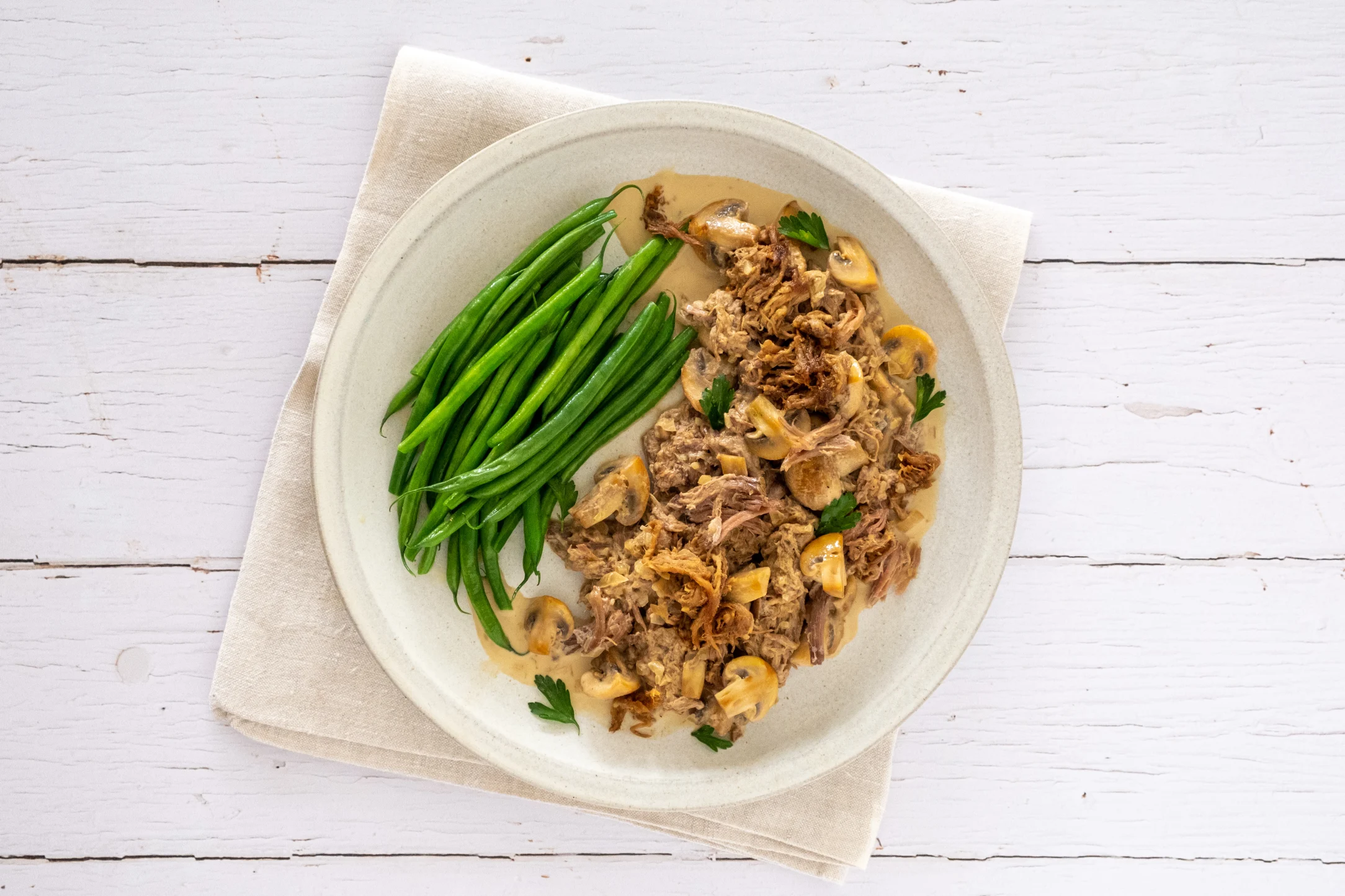Creamy Pulled Beef Mushroom Skillet with Buttered Green Beans