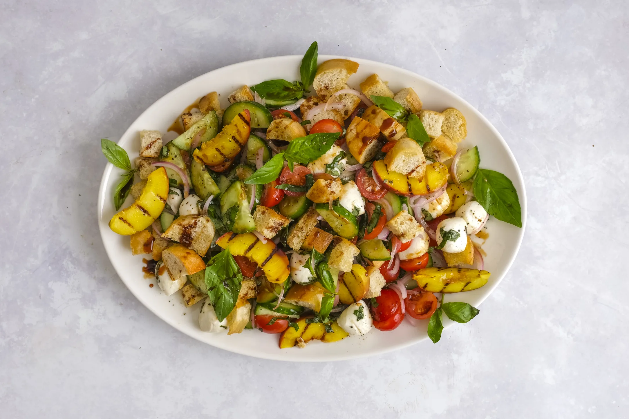 Peach Panzanella Salad with Fresh Basil & Mozzarella
