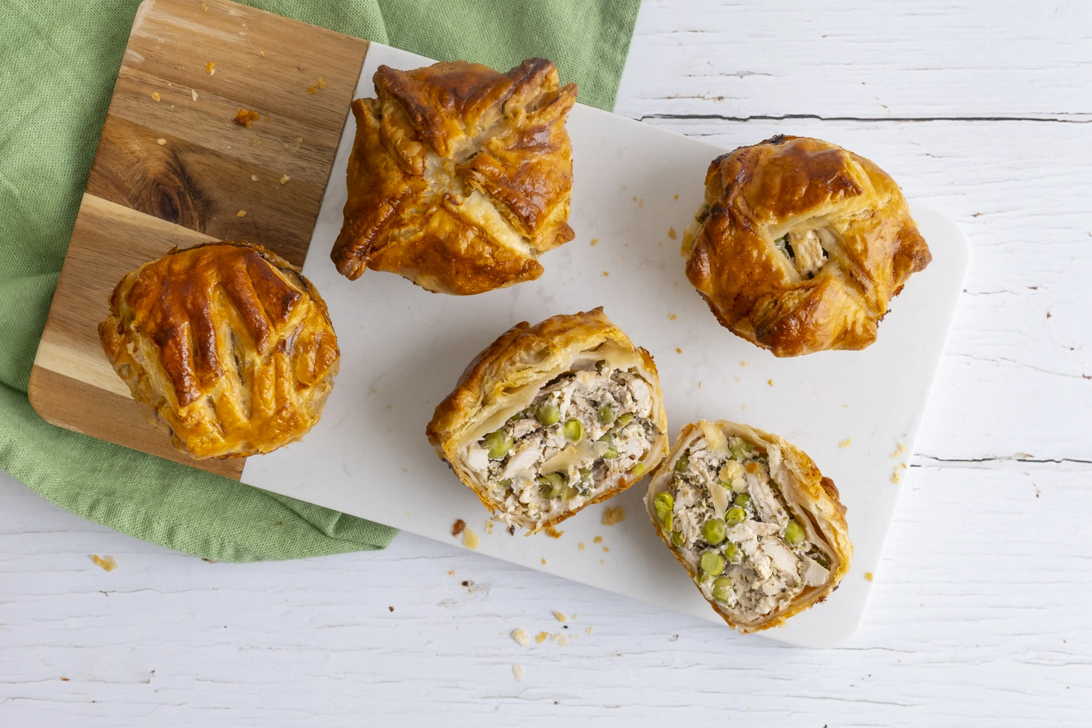 Mini Chicken, Cheddar and Green Pea Pies