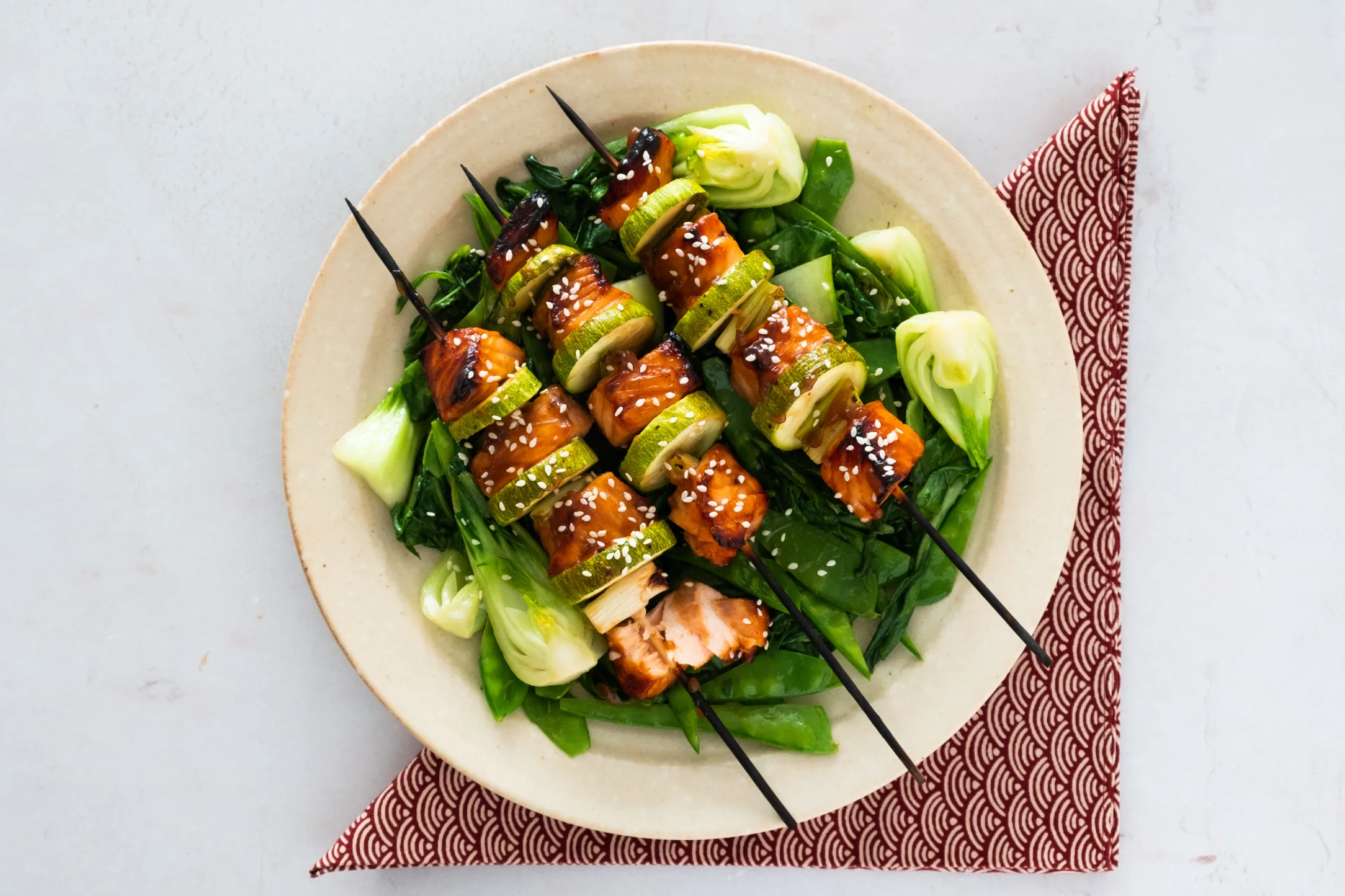 Salmon Yakitori Skewers with Stir-fried Greens