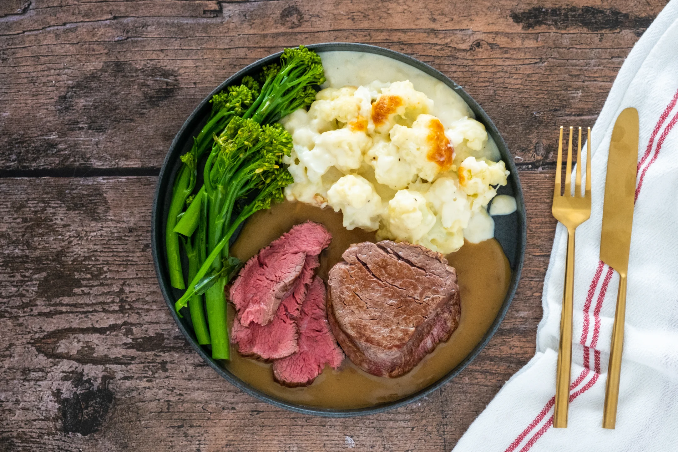 Tenderloin Fillet Steak with Cauliflower Cheese, Tenderstem Broccoli and Gravy