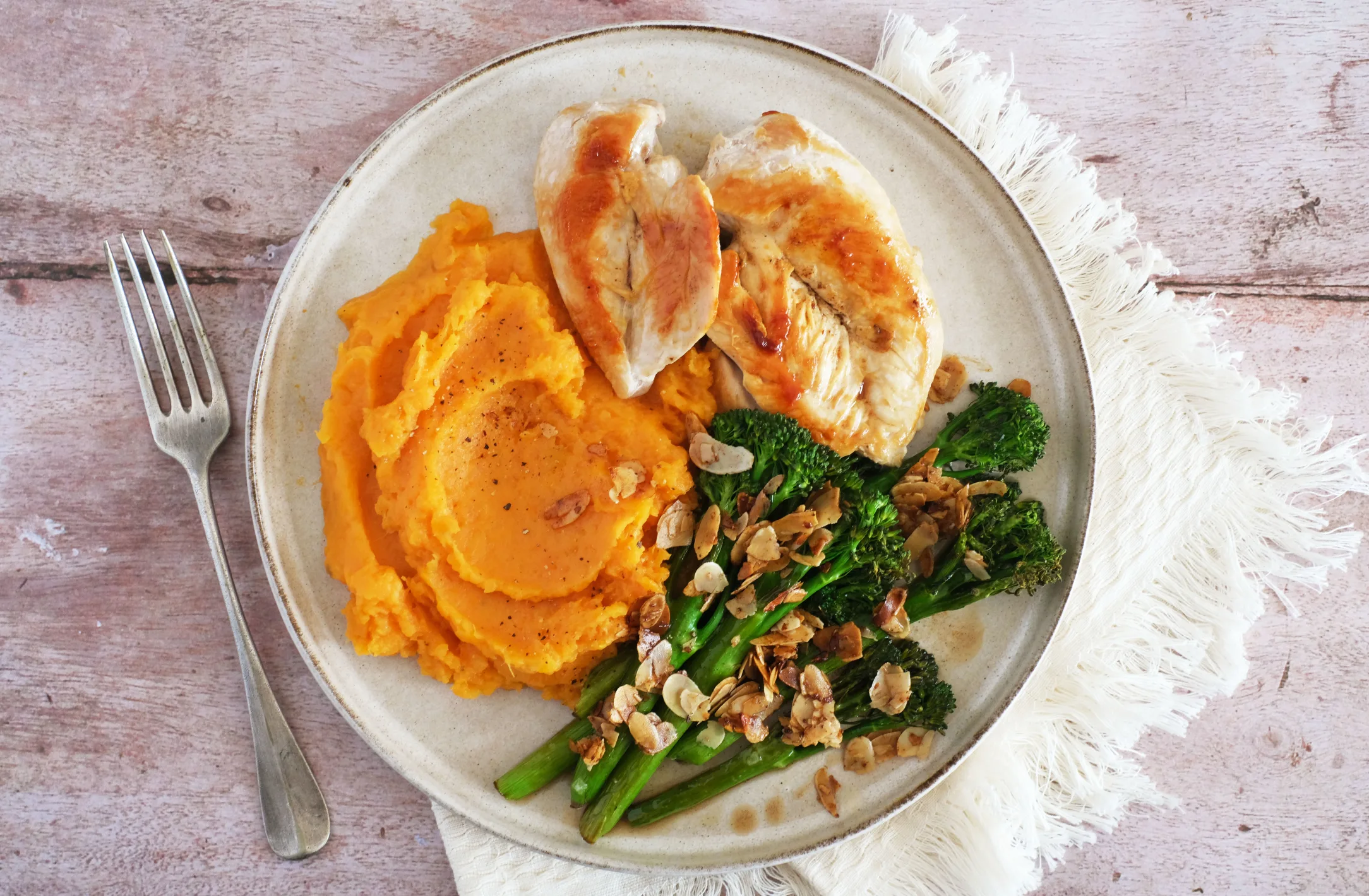 Chicken with Brown Butter Almond Broccolini and Sweet Potato Mash