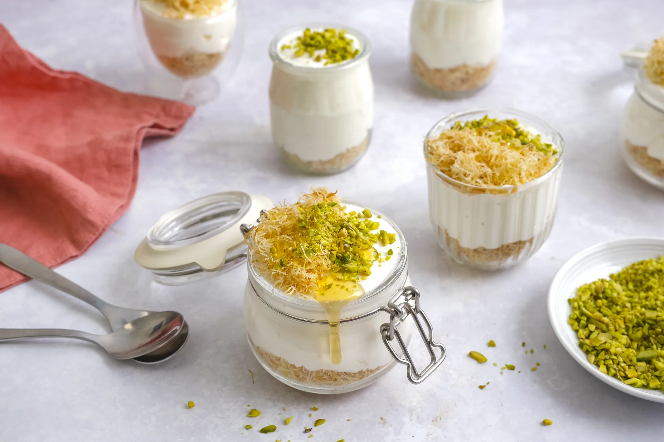 No-Bake Konafah Cheesecake with Orange Blossom and Pistachios