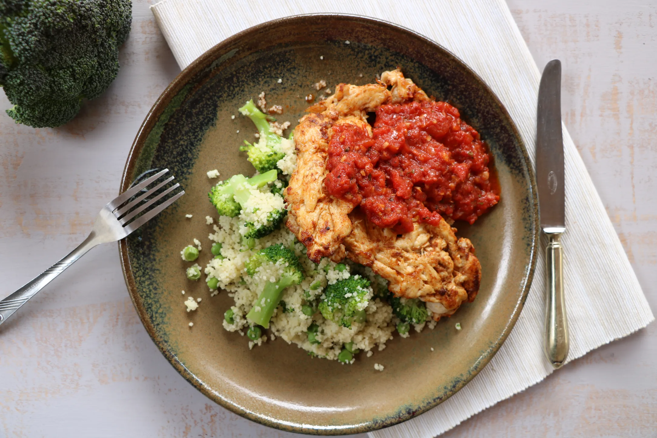 Chicken Escalopes with Green Couscous and Tomato Sauce