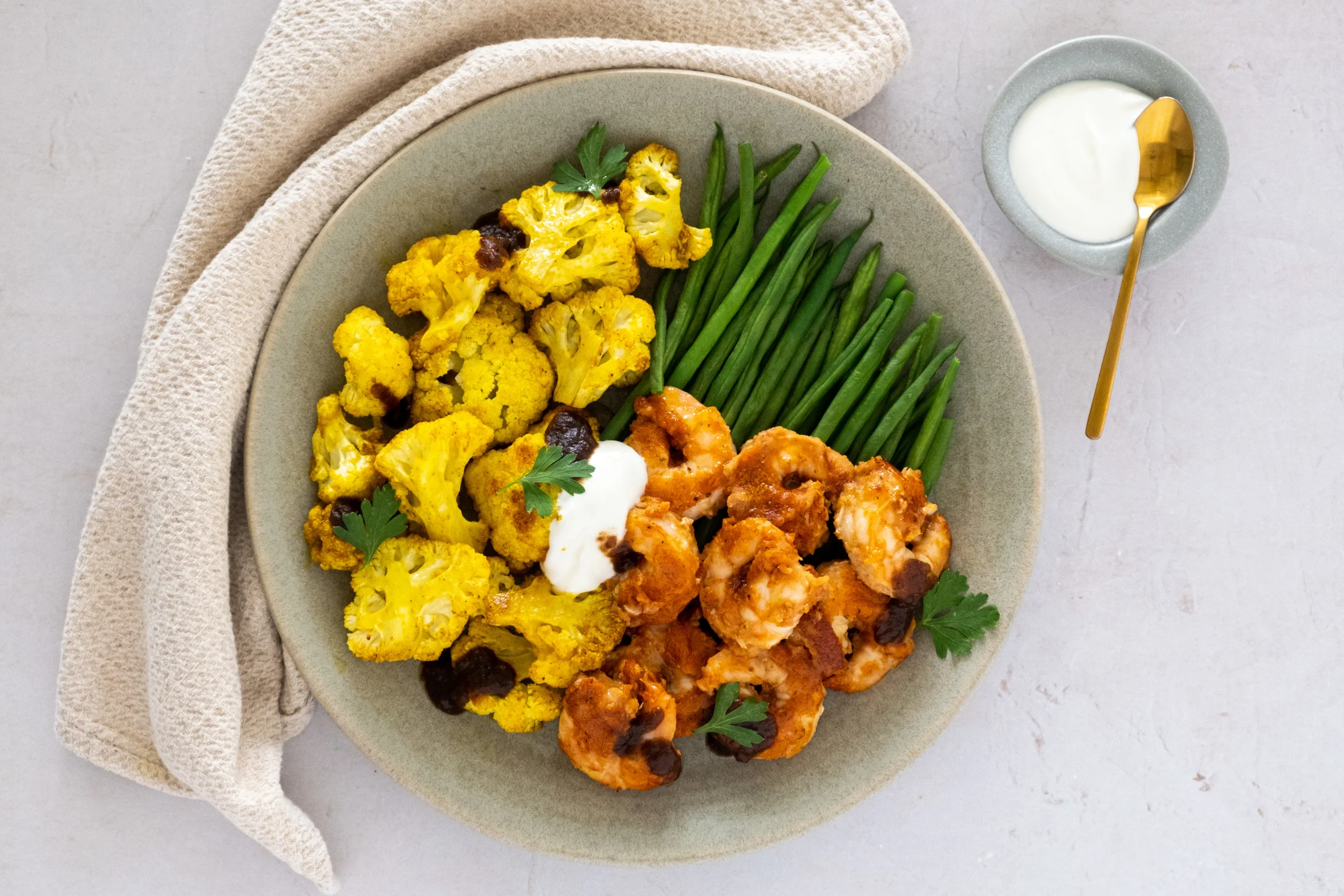 Masala Prawns with Baked Curried Cauliflower, Yogurt and Green Beans