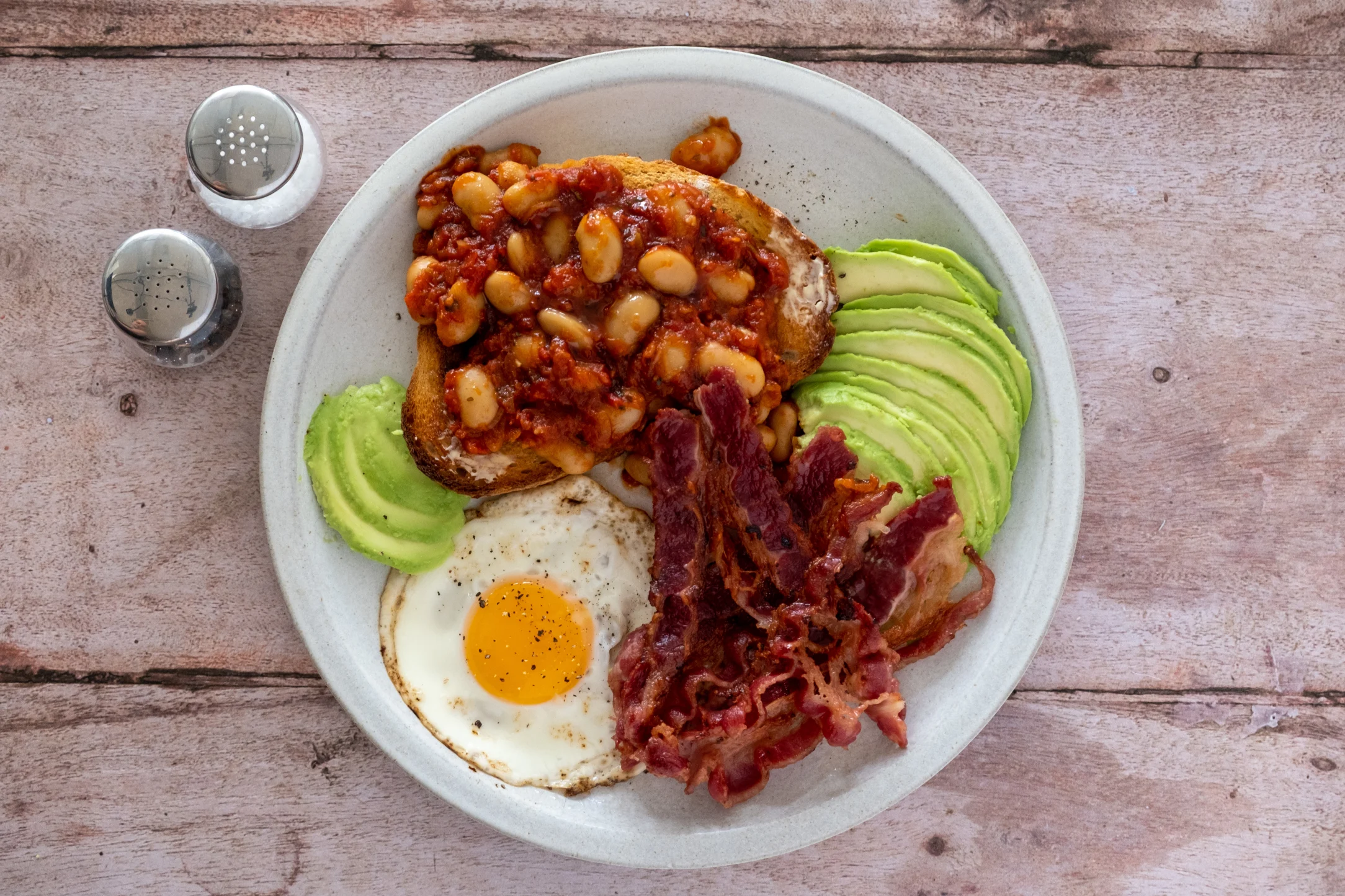 Posh Baked Beans on Sourdough Toast with Beef Bacon, Fried Egg and Avocado