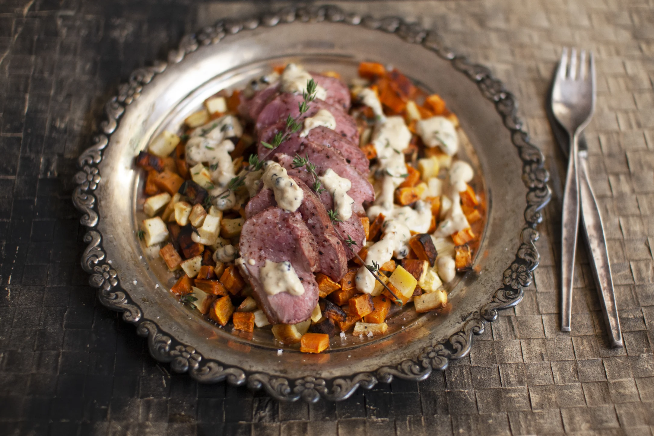 Duck Breasts in Peppercorn Cream Sauce with Roasted Parsnip and Sweet Potato