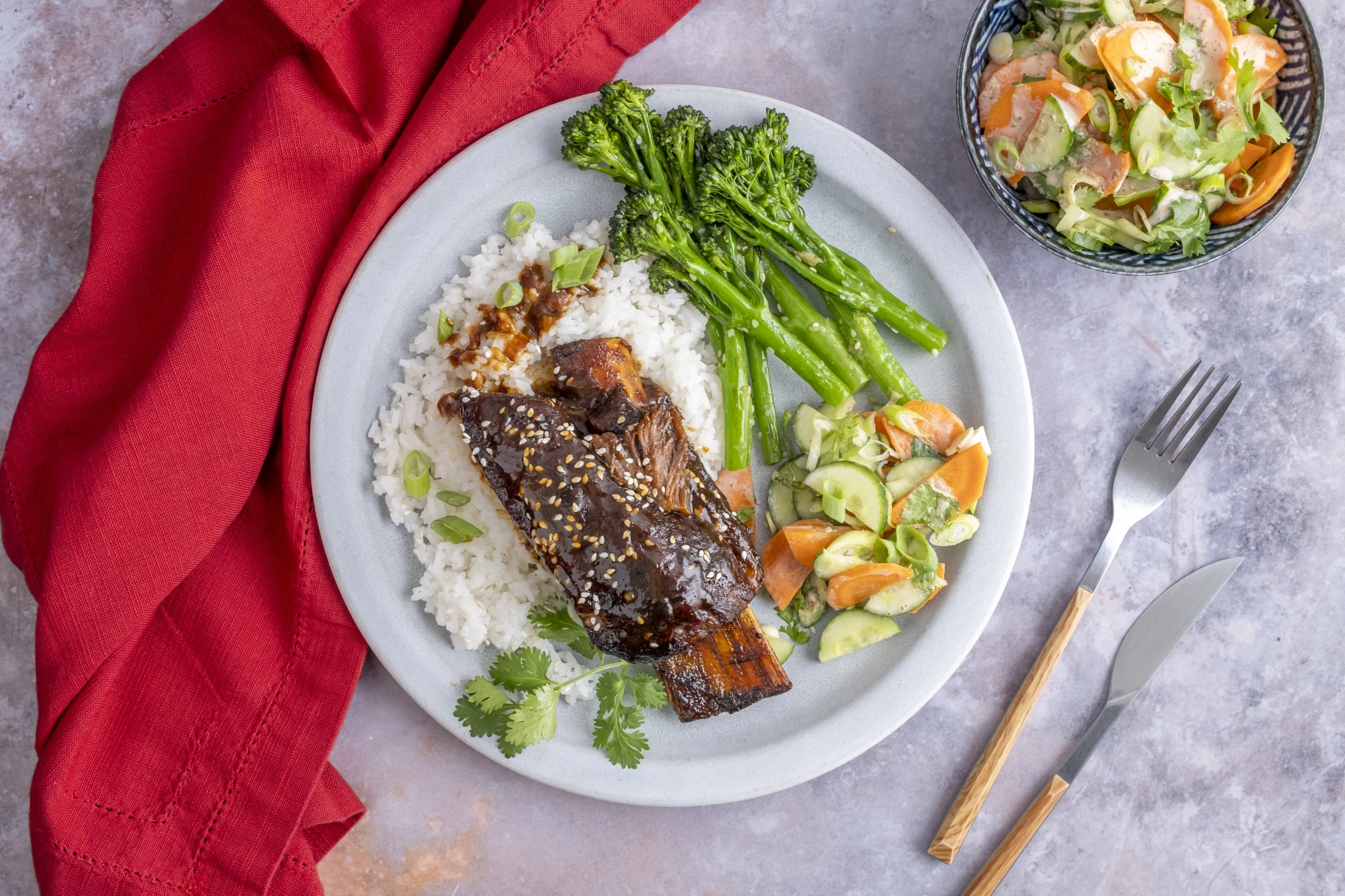 Teriyaki Beef Short Ribs and Garlic Jasmine Rice with Sesame Broccoli and Salad