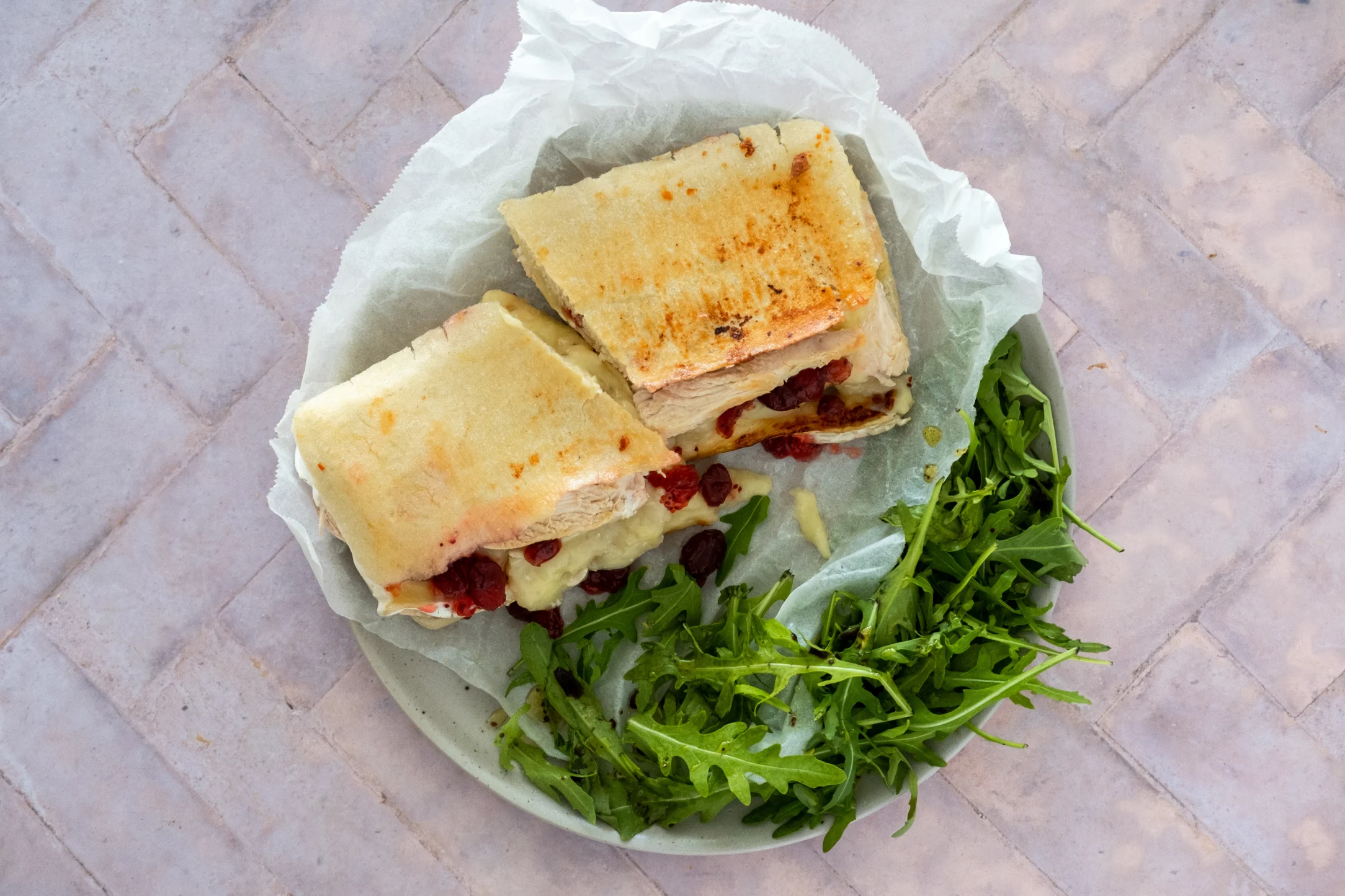 Chicken, Brie and Cranberry Panini with Rocket Salad