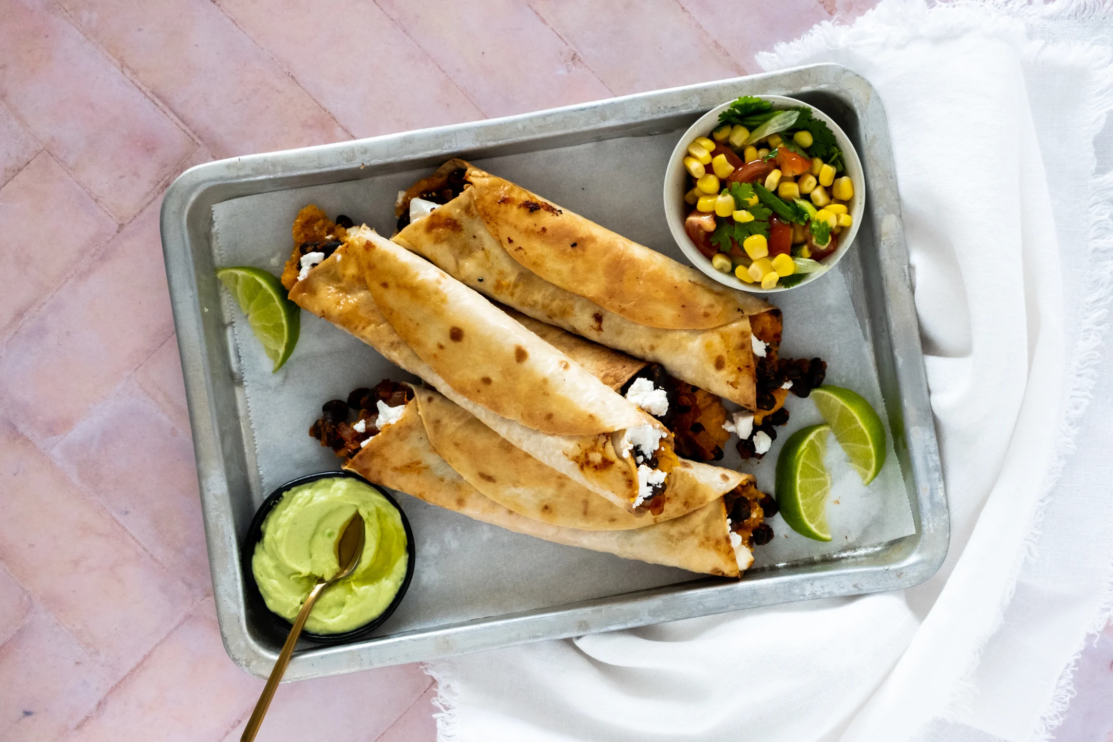 Sweet Potato, Black Bean and Feta Taquitos with Salsa and Avo Lime Crema