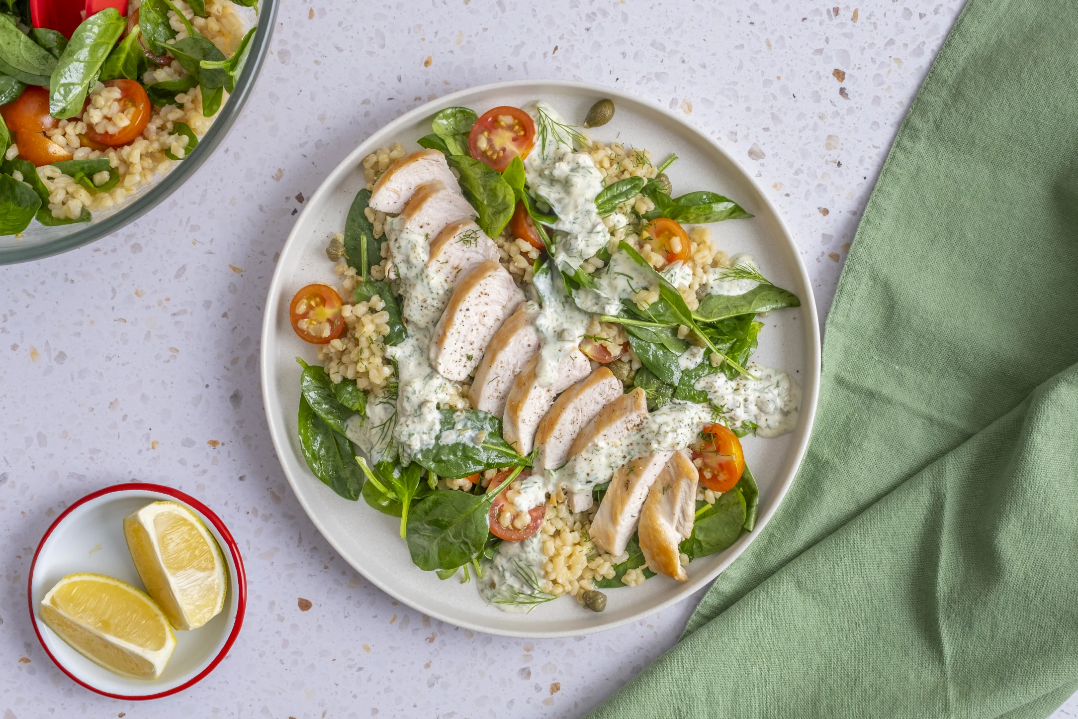 Caper-Dill Chicken with Pearl Barley Salad, Cherry Tomatoes and Spinach