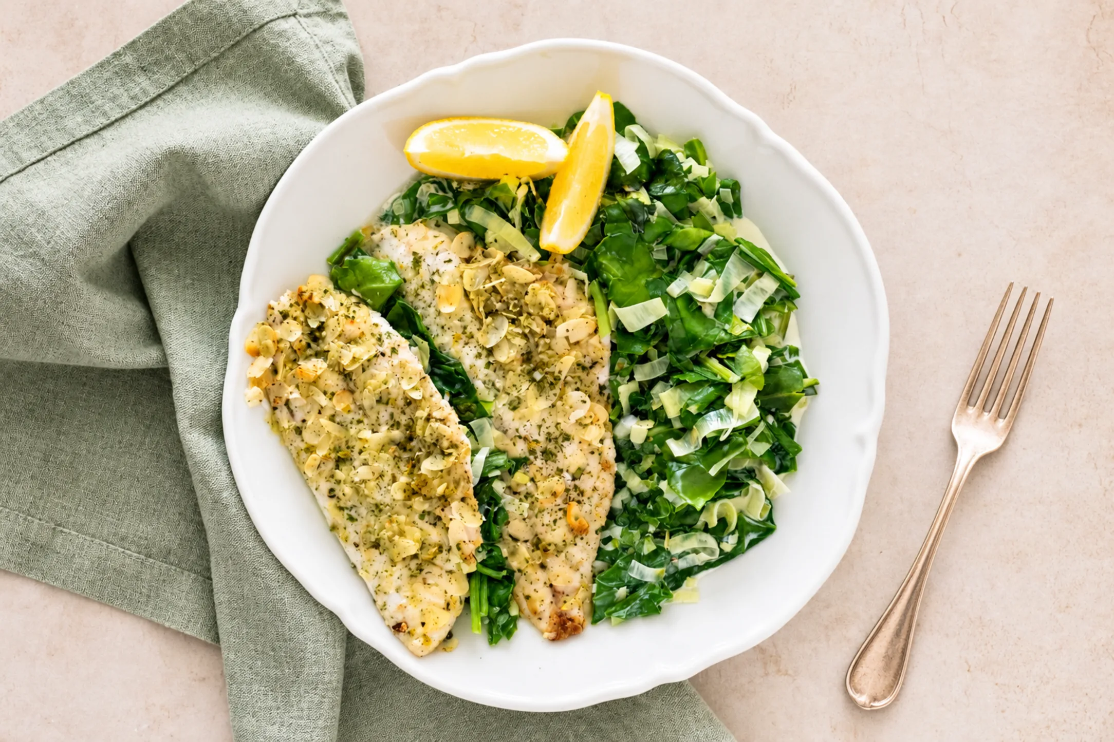 Almond & Lemon Crusted Seabream with Creamy Spinach