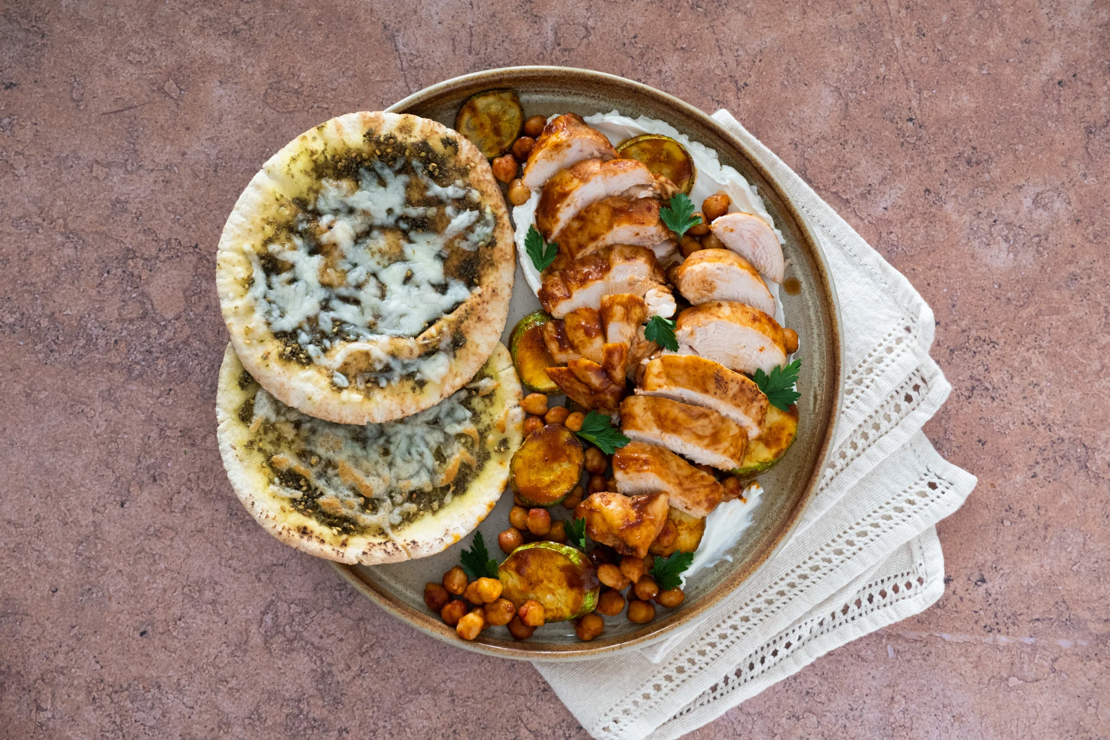 Harissa Chicken & Zucchini Tray Bake with Cheesy Zaatar Flatbreads