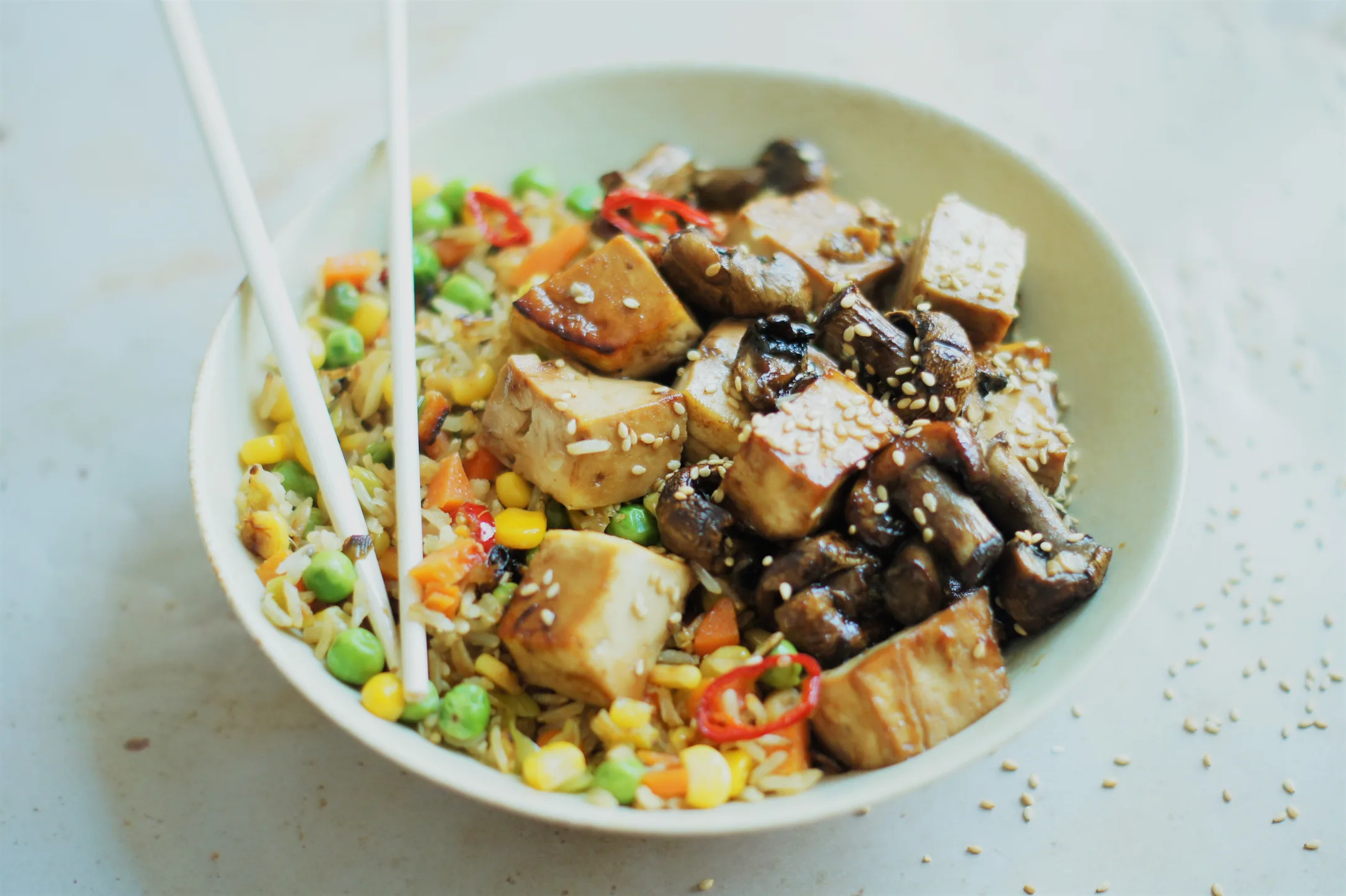 Fried Brown Rice with Sticky Mushroom Tofu