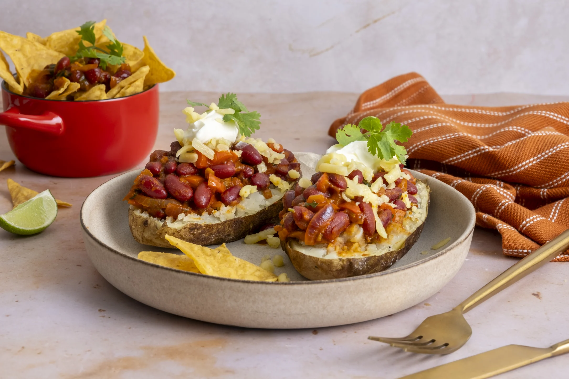 Vegetarian Chilli Jacket Potatoes with Cheddar and Sour Cream