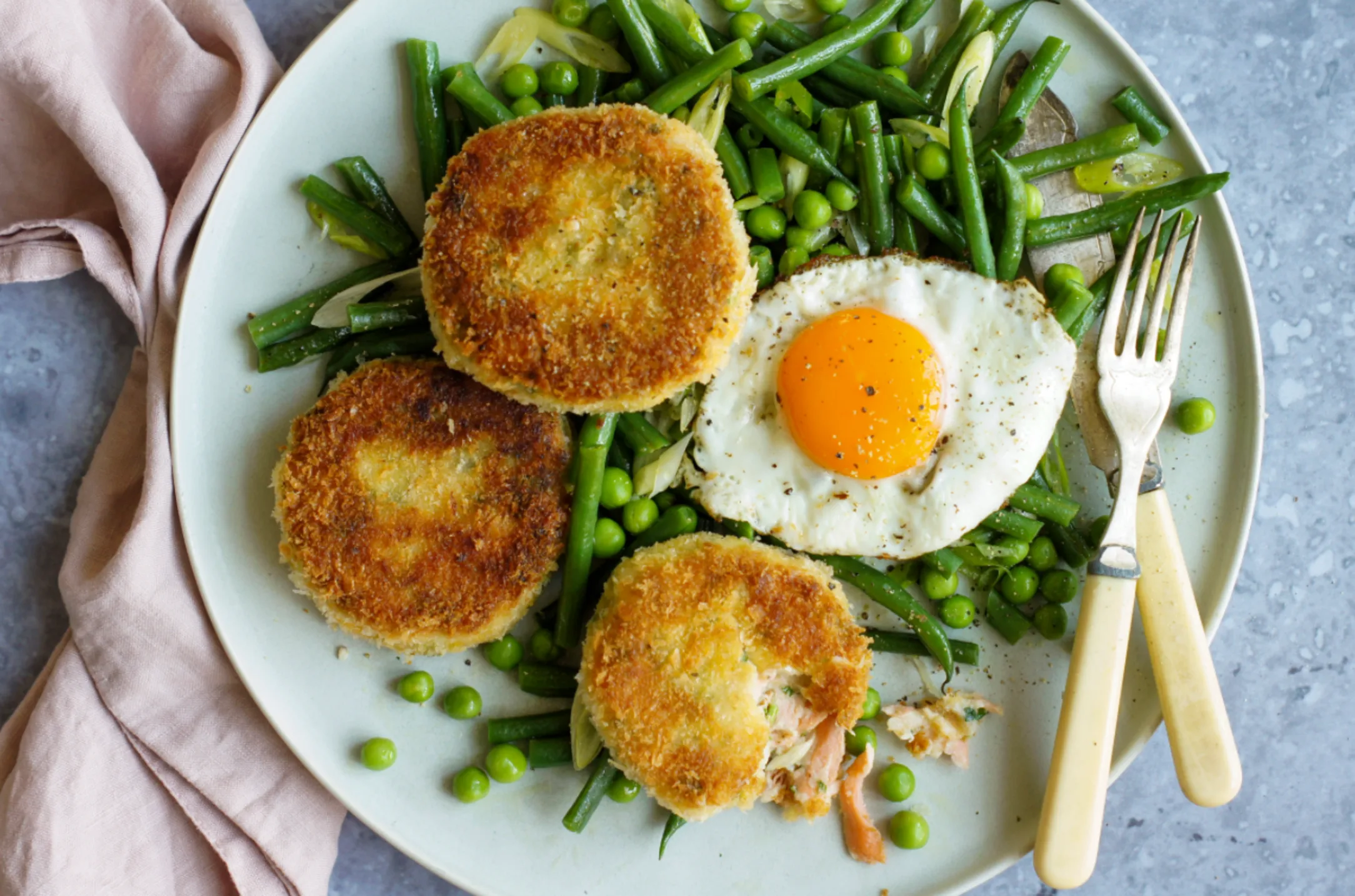 Salmon Fishcakes, Fried Eggs and Green Bean Salad