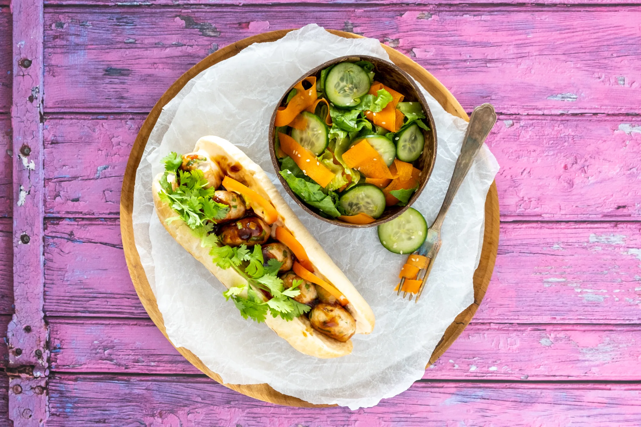 Chicken Meatball Sandwich with Sriracha Mayo and Pickled Veg
