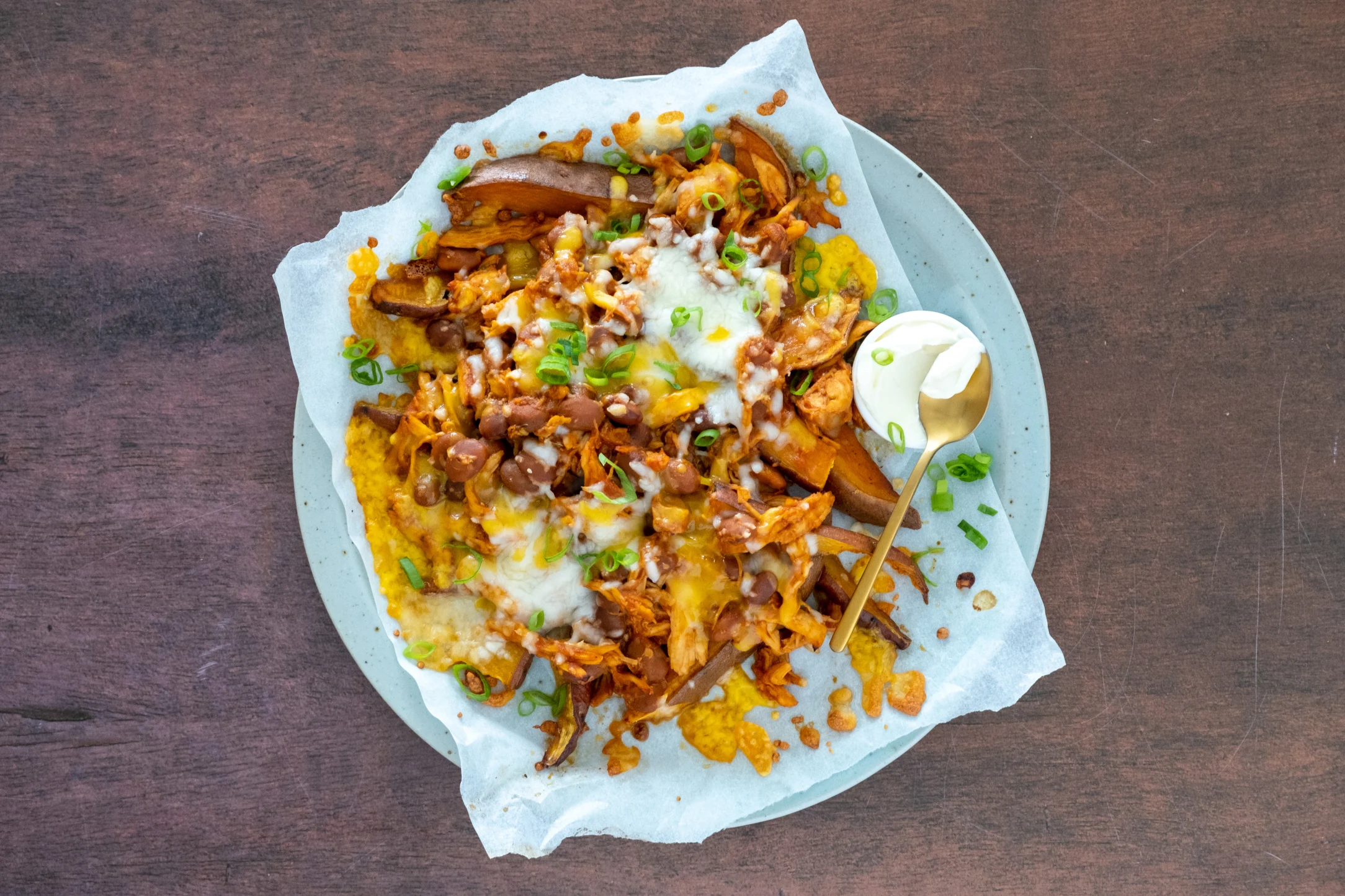 Loaded Sweet Potato Wedges with Chicken and BBQ Baked Beans