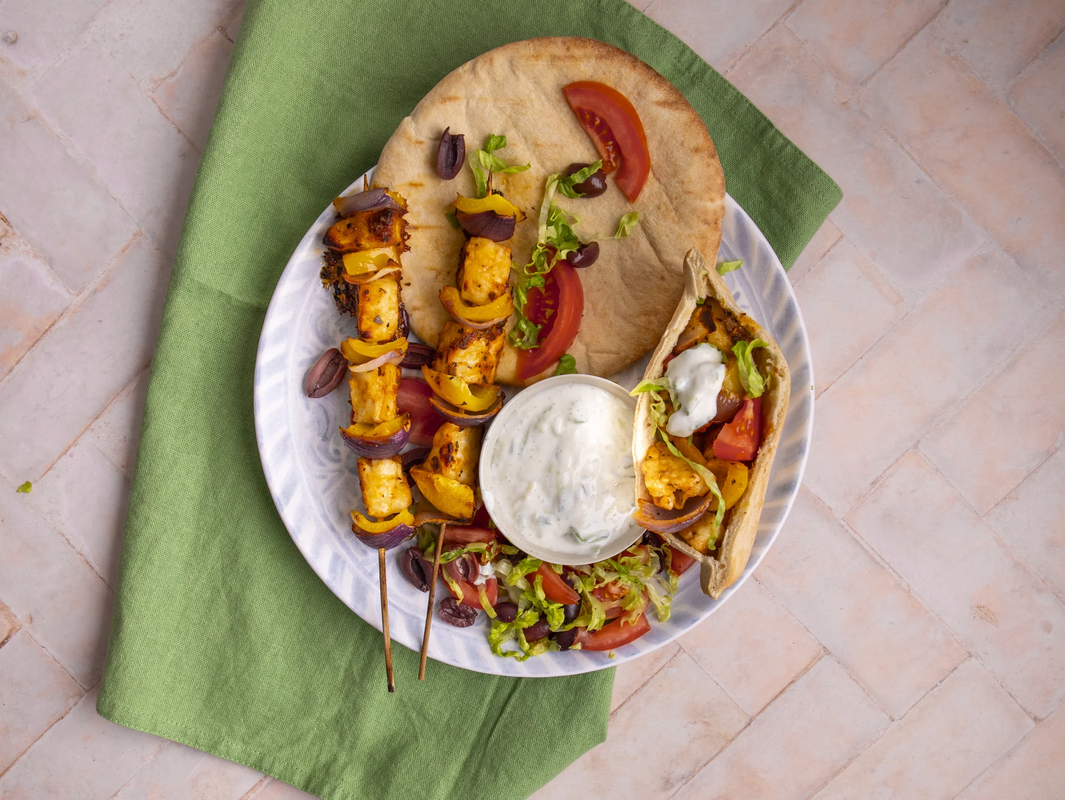 Halloumi Souvlaki with Tzatziki, Pitta and Salad