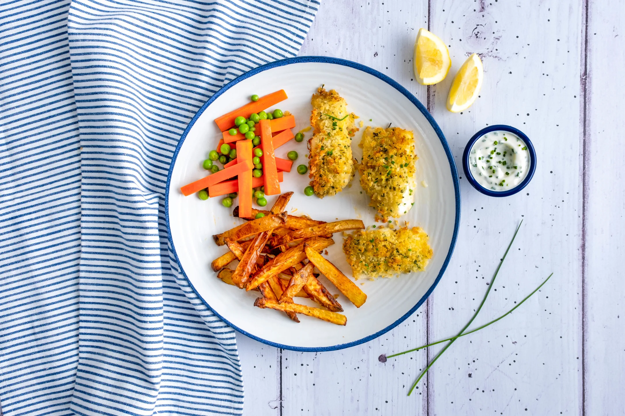 Lemony Breaded Fish with Chips, Carrots and Peas