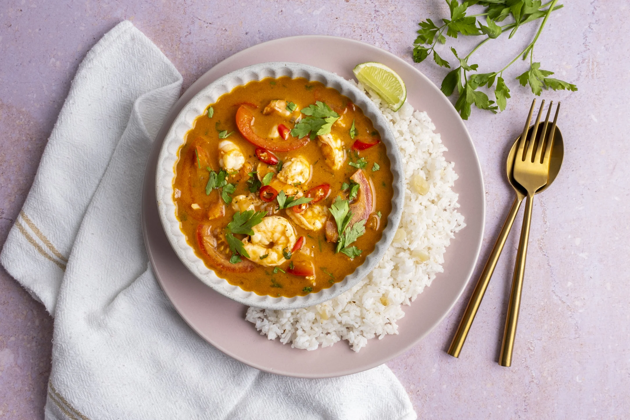 Moqueca: Brazilian Coconut Prawn Stew with Garlic Jasmine Rice