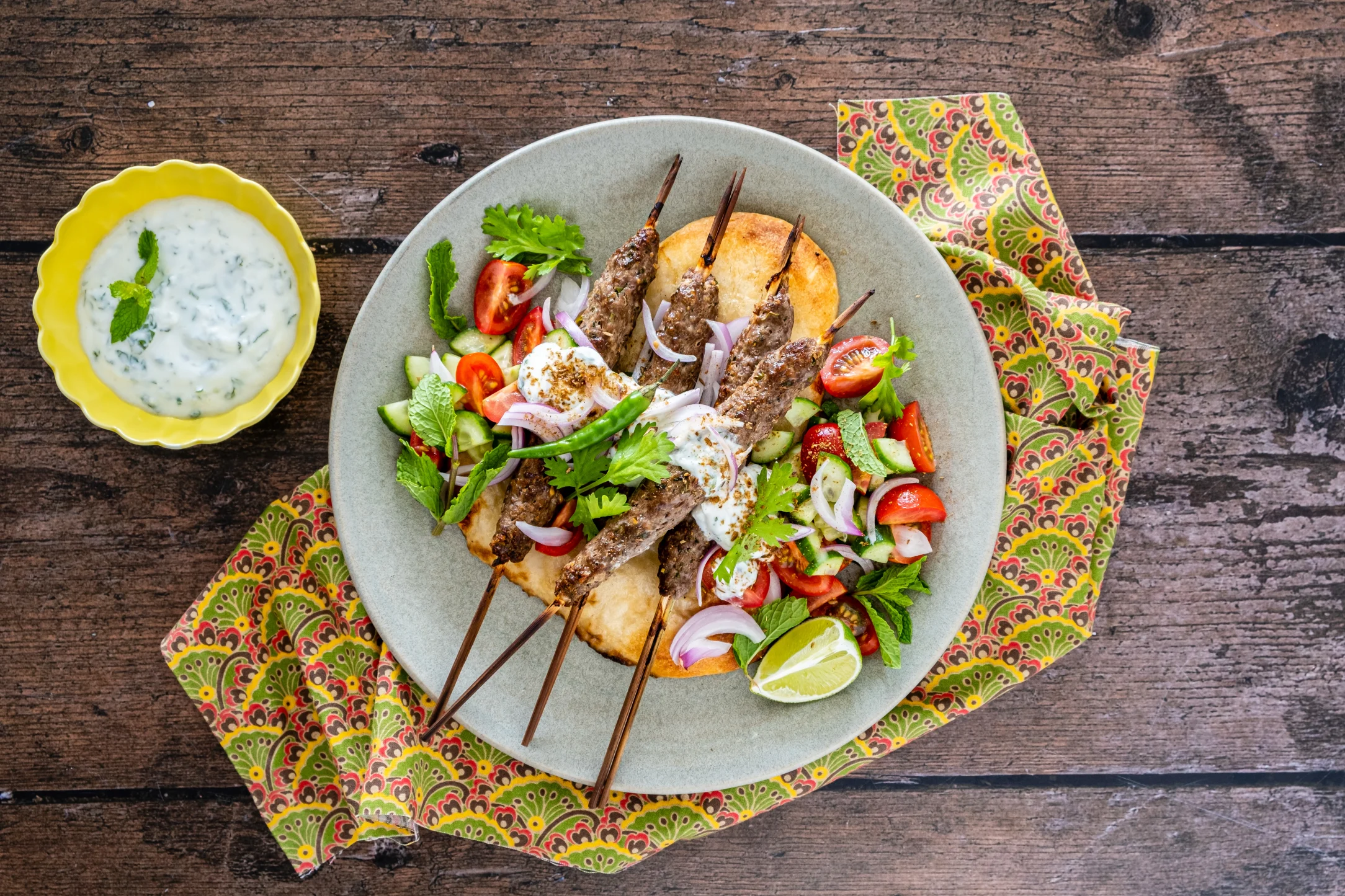 Lamb Seekh Kebabs and Tandoori Naan with Salad and Mint Yogurt