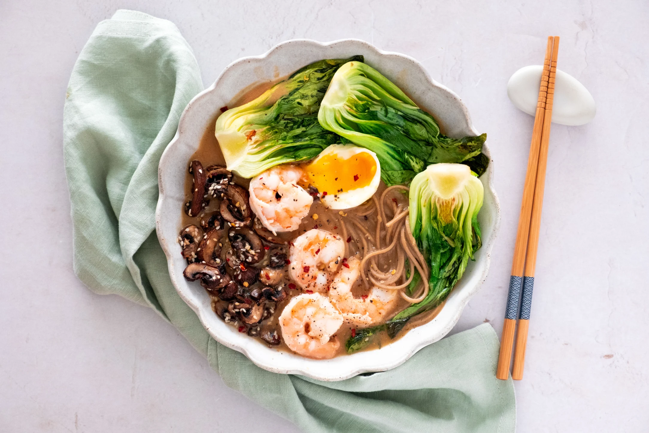 Creamy Sesame Miso Ramen with Prawns and Crispy Mushrooms