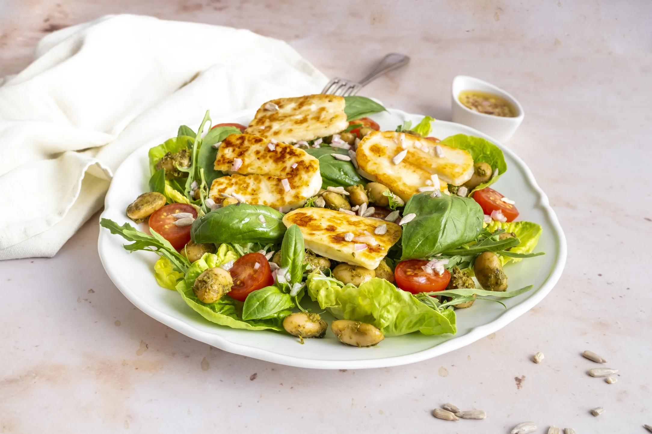 Warm Halloumi and Pesto Butterbean Salad