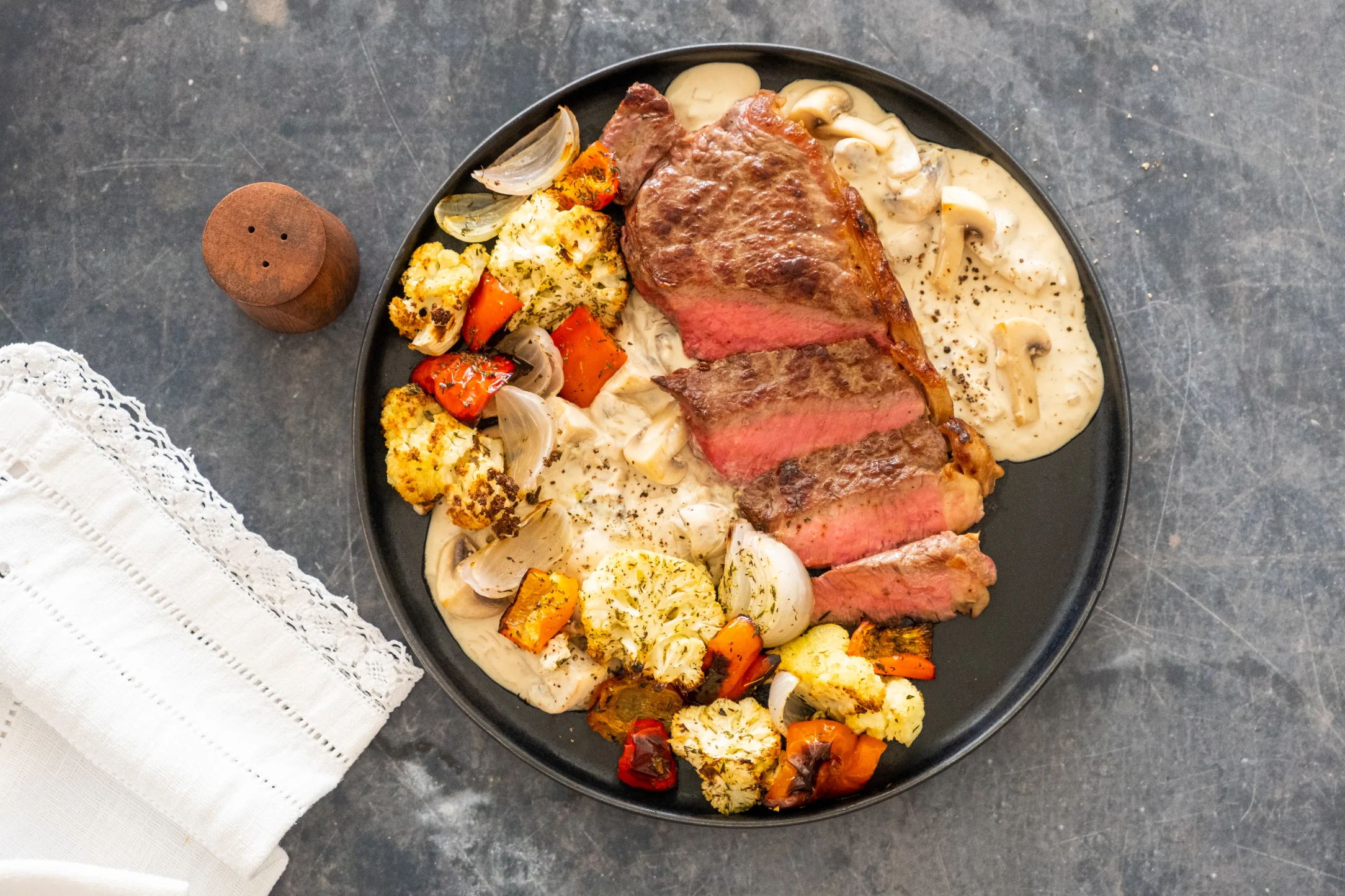 Redev: Steak with Creamy Mushroom Sauce and Roasted Vegetables