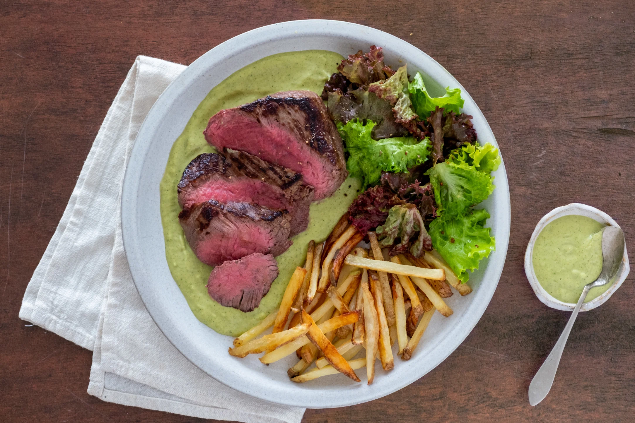 Fillet Steak with Avocado Béarnaise, Shoestring Fries and Bistro Salad