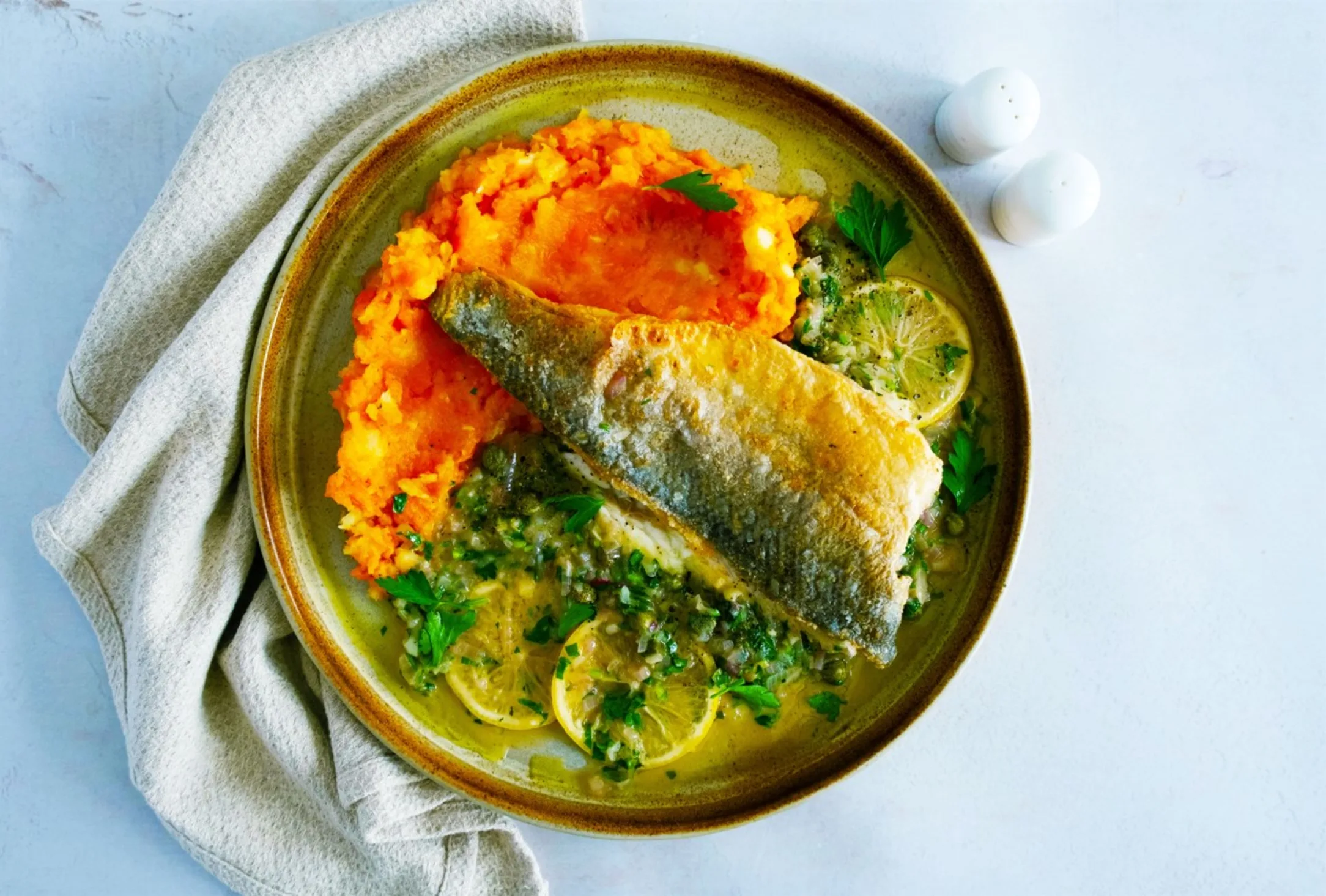 Seabream Piccata with Sweet Potato Mash