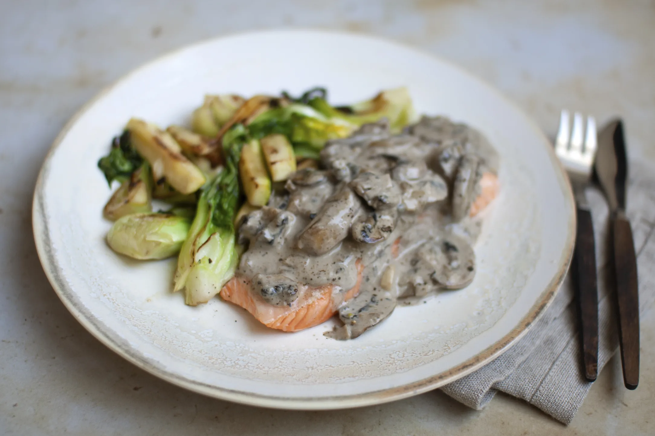 Salmon with Creamy Mushrooms and Greens