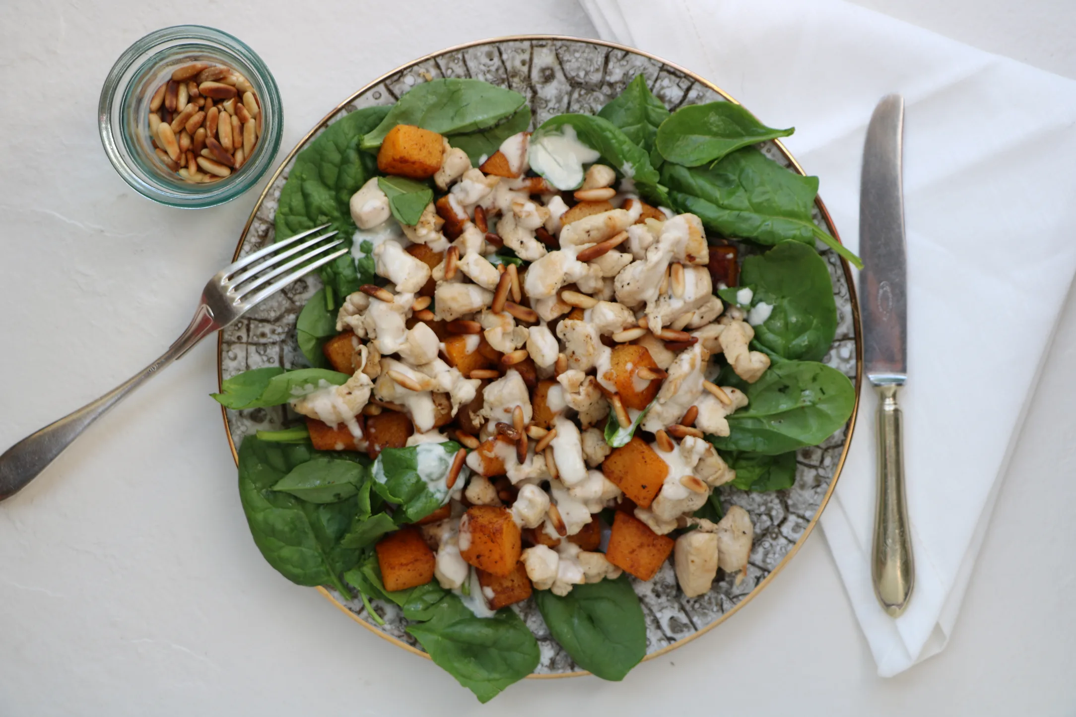 Roasted Pumpkin and Chicken Salad with Pine Nuts and Lime Tahini Dressing