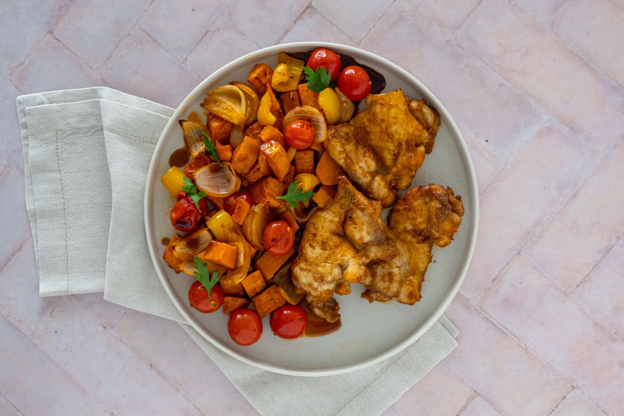 Smoky Chicken Thigh Traybake with Roasted Harissa Sweet Potatoes