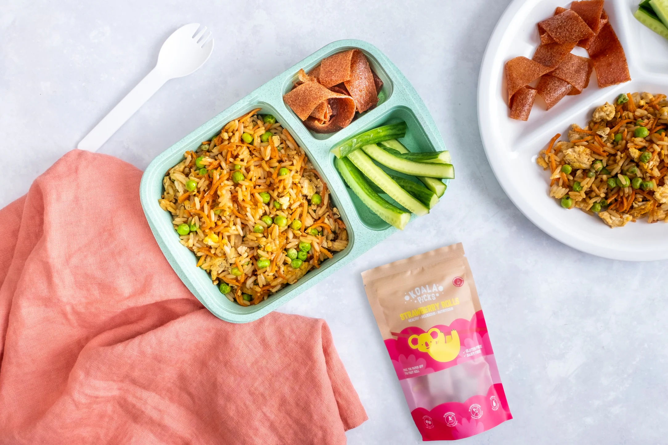 Vegetable Egg Fried Rice with Cucumbers and Koala Strawberry Rolls