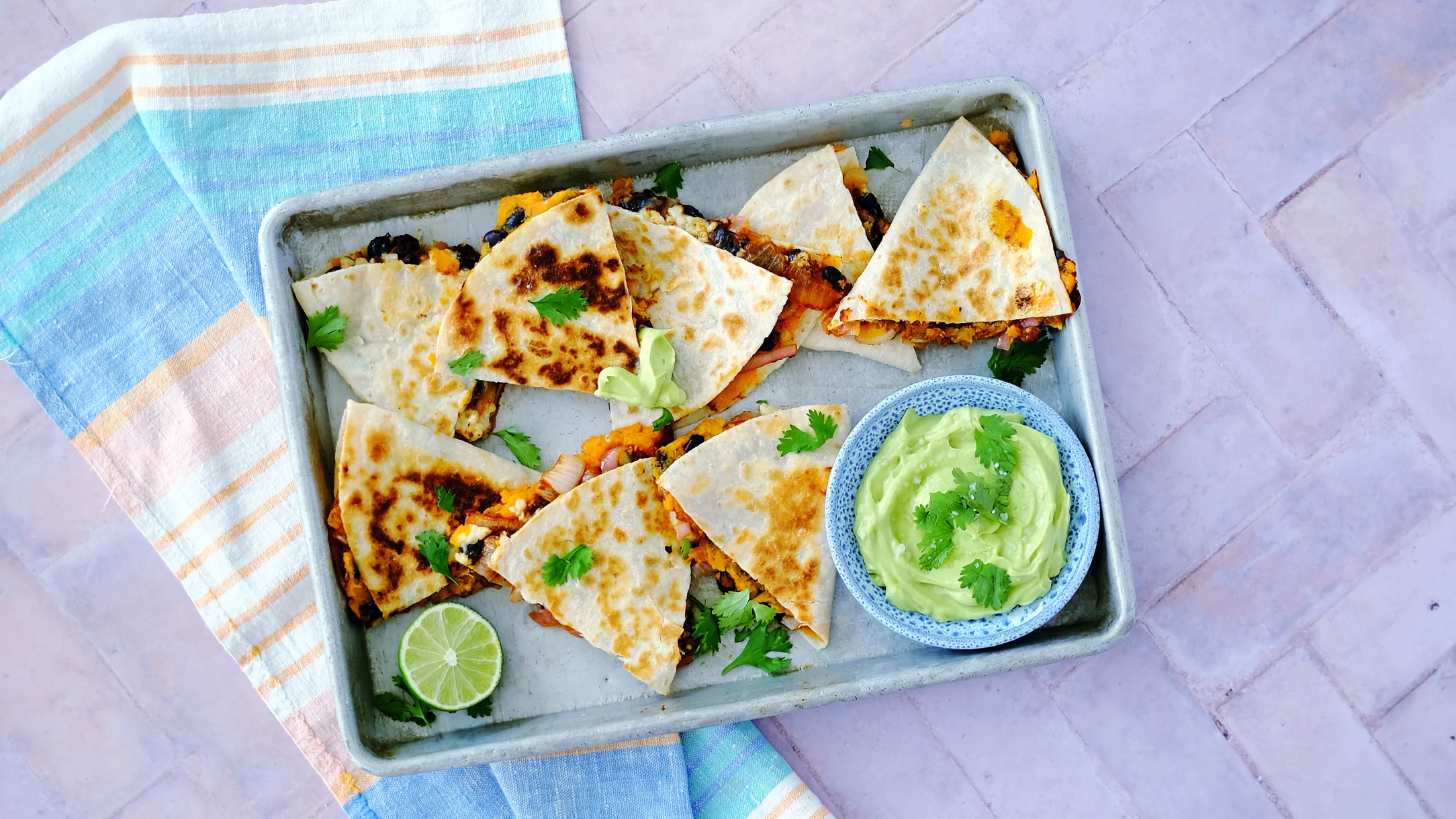 Sweet Potato and Black Bean Quesadillas with Guacamole and Vegan Mozzarella