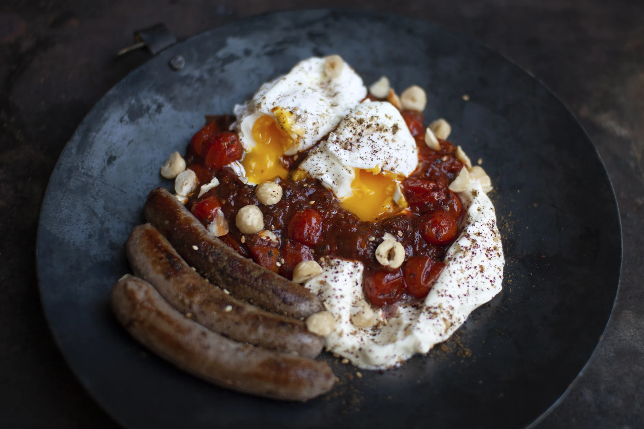 Turkish Eggs with Spicy Sausages, Yogurt and Tomatoes