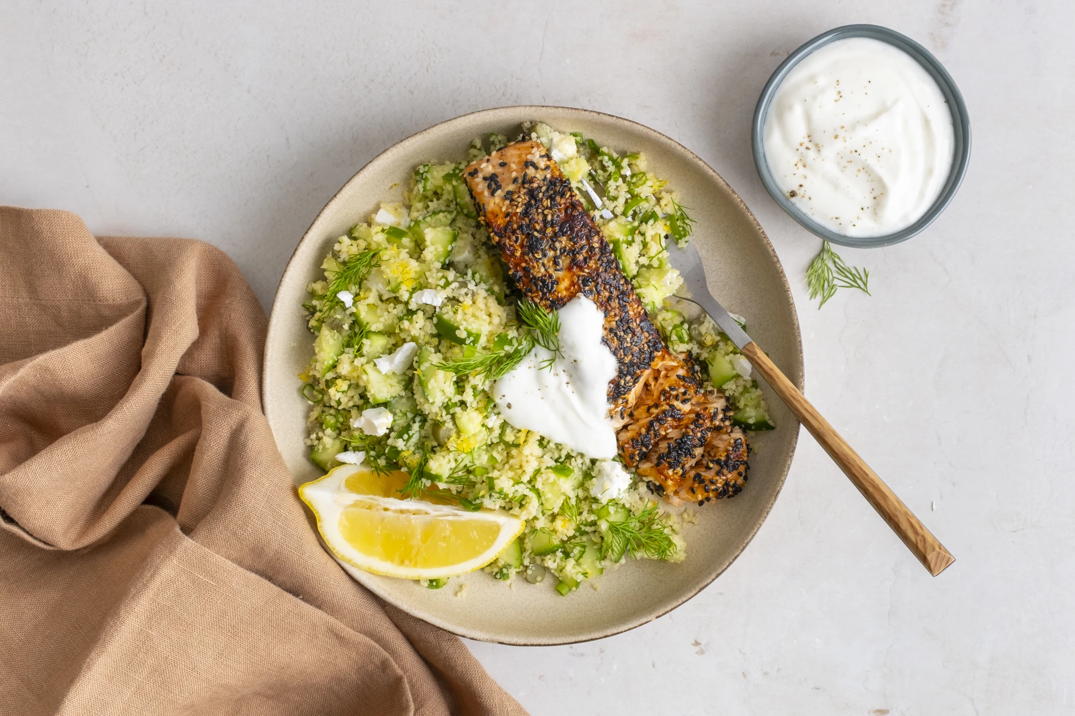 Sesame Crusted Salmon with Fine Bulgur Wheat, Cucumber and Feta Salad and Garlic Yogurt