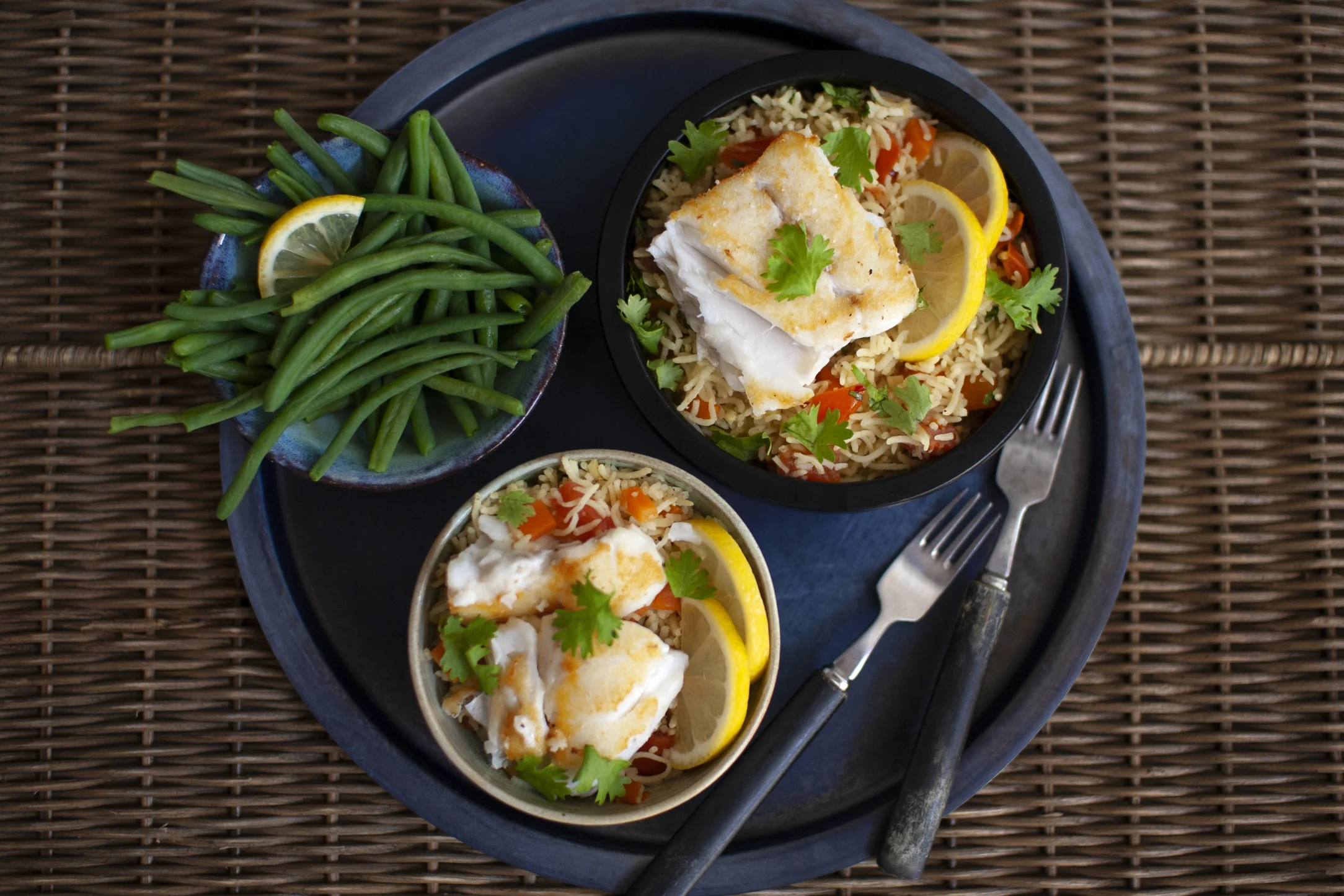 Fried Cod with Curried Vegetable Rice and Green Beans