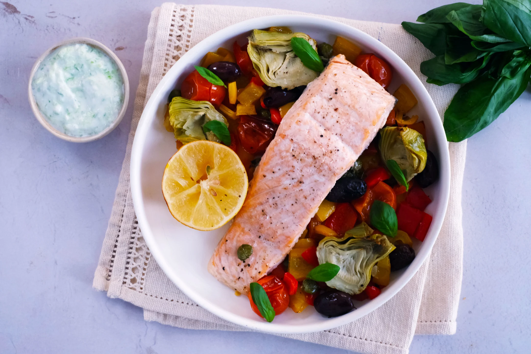 Baked Salmon with Lemon Artichokes, Tomatoes and Olives and Tzatziki