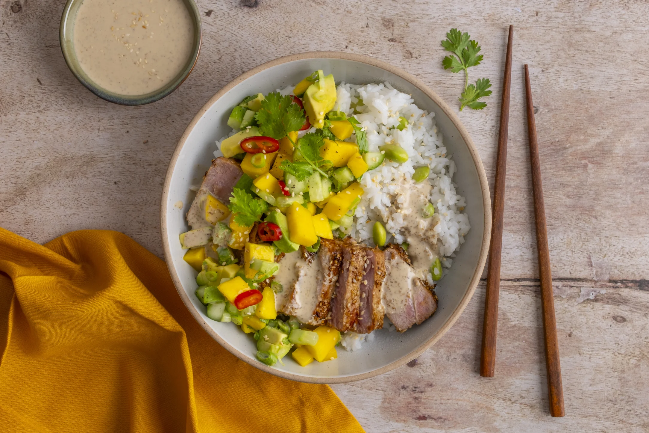 Sesame Tuna Steaks with Mango and Avocado Salsa, Edamame Rice and Creamy Sesame Dressing